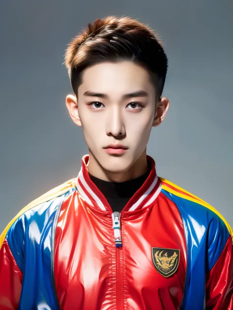 an 18-year-old male chinese college student，wear a color-picking jacket，school badge，pick and dye your hair，greybackground, surr...