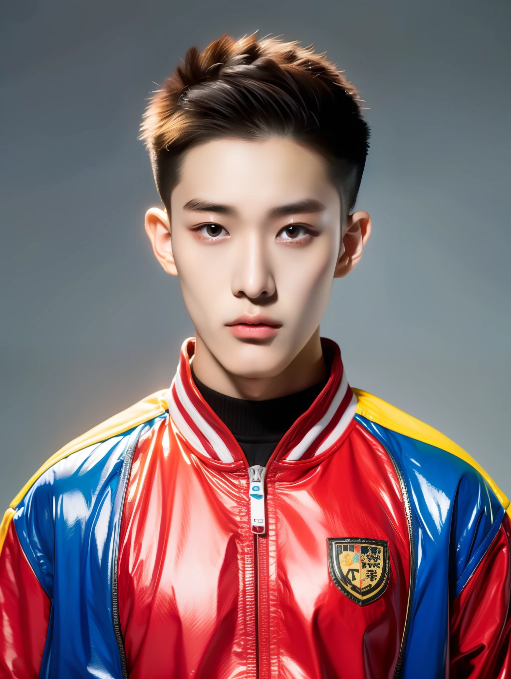 18-year-old Chinese male college student，Wear a colorful jacket，school badge，Pick and dye your hair，greybackground, The light is even，Studio light，surrealism, hyper HD, Textured skin, High details，Outstanding work