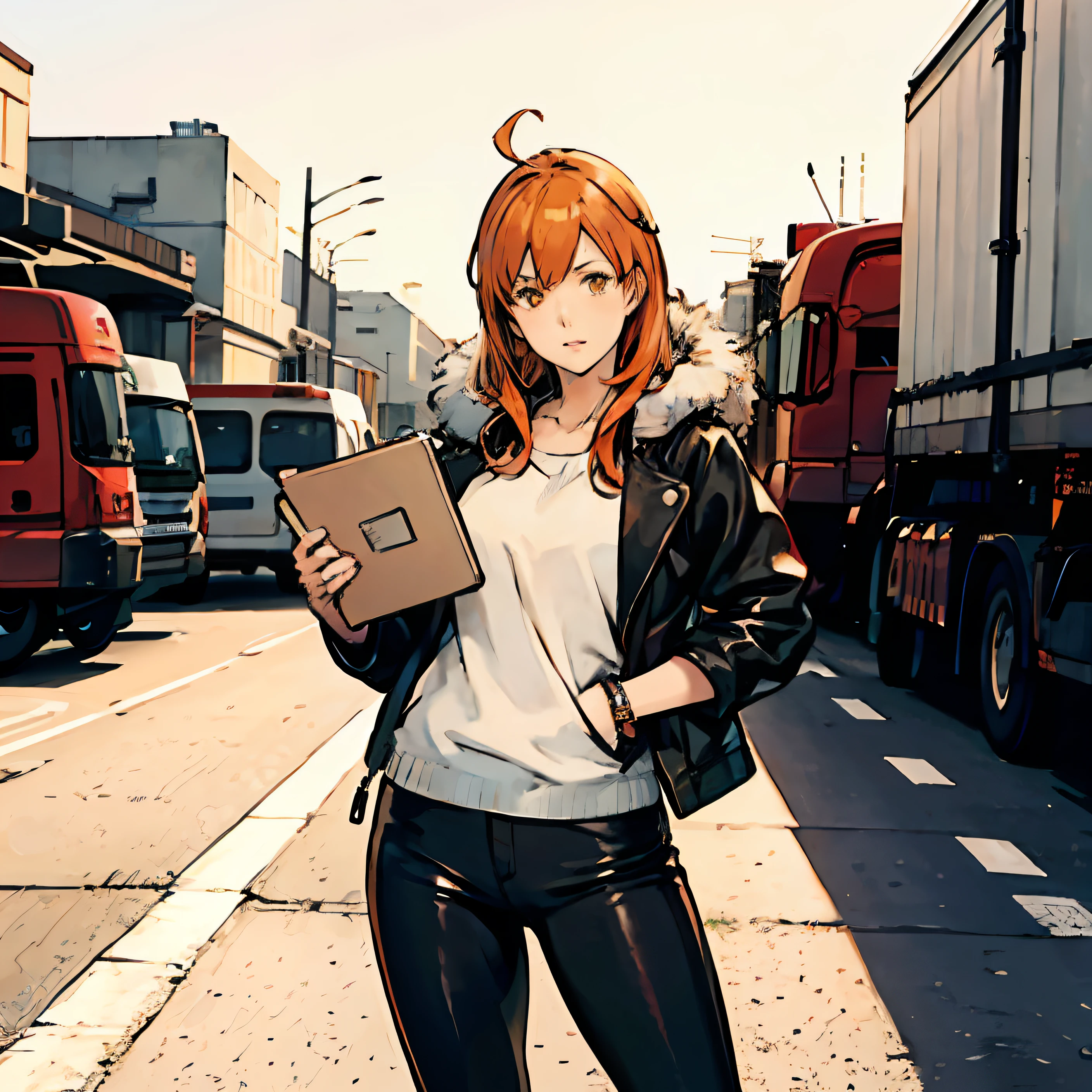 chica anime, Lleva chaqueta de cuero verde oliva con pelo y pantalones oscuros hasta los muslos., mirando al espectador y sosteniendo un portapapeles & sartén en sus manos. redish-orange hair chica anime. Niña parada en una zona industrial de la ciudad al lado de camiones.. Celda de sombra de anime.