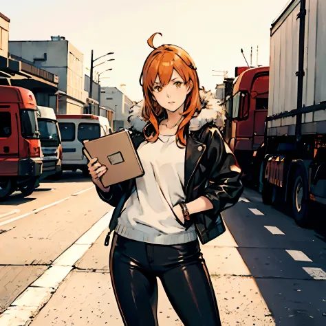 anime girl, wearing olive leather jacket with fur and thigh dark pants, looking at viewer and holding a clipboard & pan in her h...
