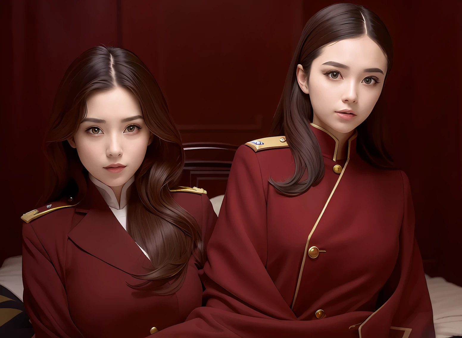 Two women in uniform pose for a photo in a hotel room, Red Uniform, Beautiful sci-fi - Pi Twins, Wearing a red captain's uniform, Beautiful twin twin portrait, Fan Art, Red Velvet, wearing red attire, wearing military outfit, official fanart, Beautiful Gemini Gemini, official artwork, twins, Sheep Girls, Infantry Girl, sakimichan, World War II era