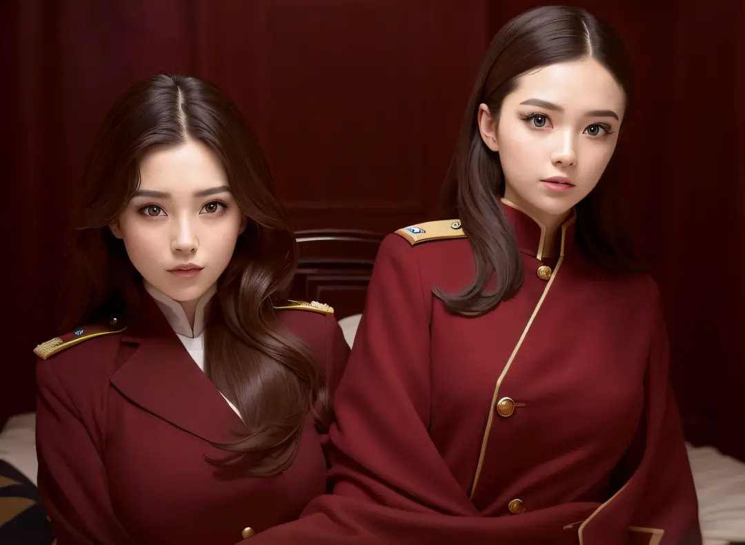 Two women in uniform pose for a photo in a hotel room, Red Uniform, Beautiful sci-fi - Pi Twins, Wearing a red captain's uniform...