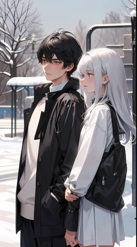 a 20-year-old man, a 20-year-old woman, a man with short black messy hair, a woman with long silver hair, in winter, white schoo...