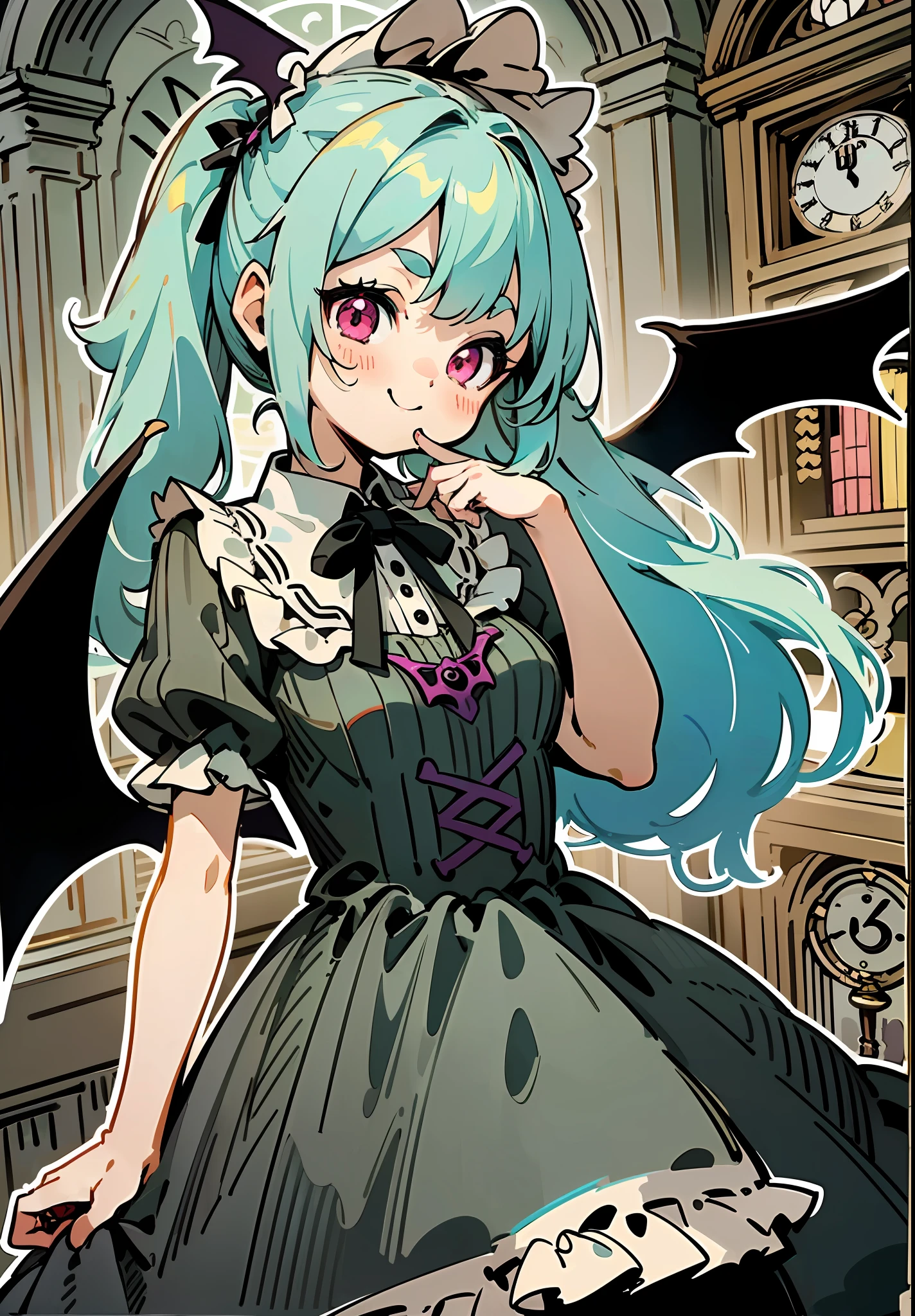 ((Dynamic Angle)), ((loli)), (child), ((独奏)), (canny smile), (turquoise hair), (ponytails), (pink eyes), (bat wings on the head), (Gothic dress), (Lolita Dress), (vintage dress), (Black Dress), (frilld), (beige frill;;;), (Bows), (Vertical stripes), ((Clock face in the background)), (library), ((thick outlines)), ((white outlines))