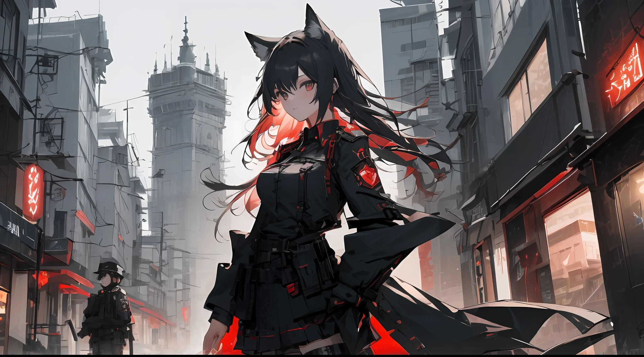 Dark rain、Red and blue neon lights、In the street、steampunc、８K、cyberpunked、arknights、Girl with wolf ears、Sarah Clothes、military outfits、Detailed and beautiful illustrations