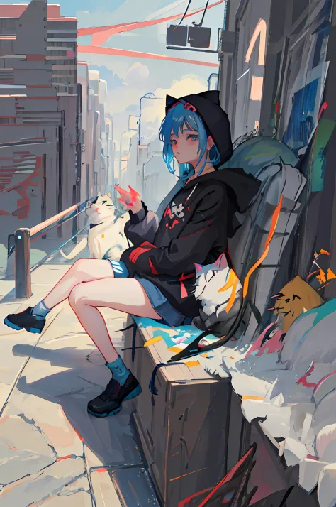 anime girl sitting on the floor，a cat in his hand, style of anime4 k, black haired girl wearing hoodie, by yuumei, guviz-style a...