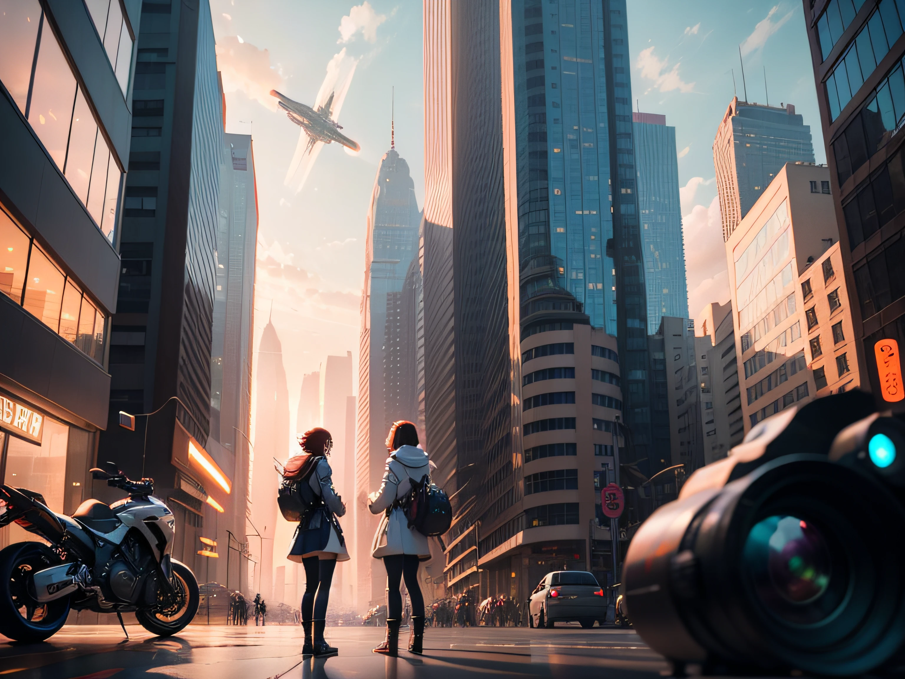 In the future technology empire, there are many people living and working peacefully on the streets, spaceships flying in the air, and two girls taking pictures in front of my lens, note that it is anime style --auto