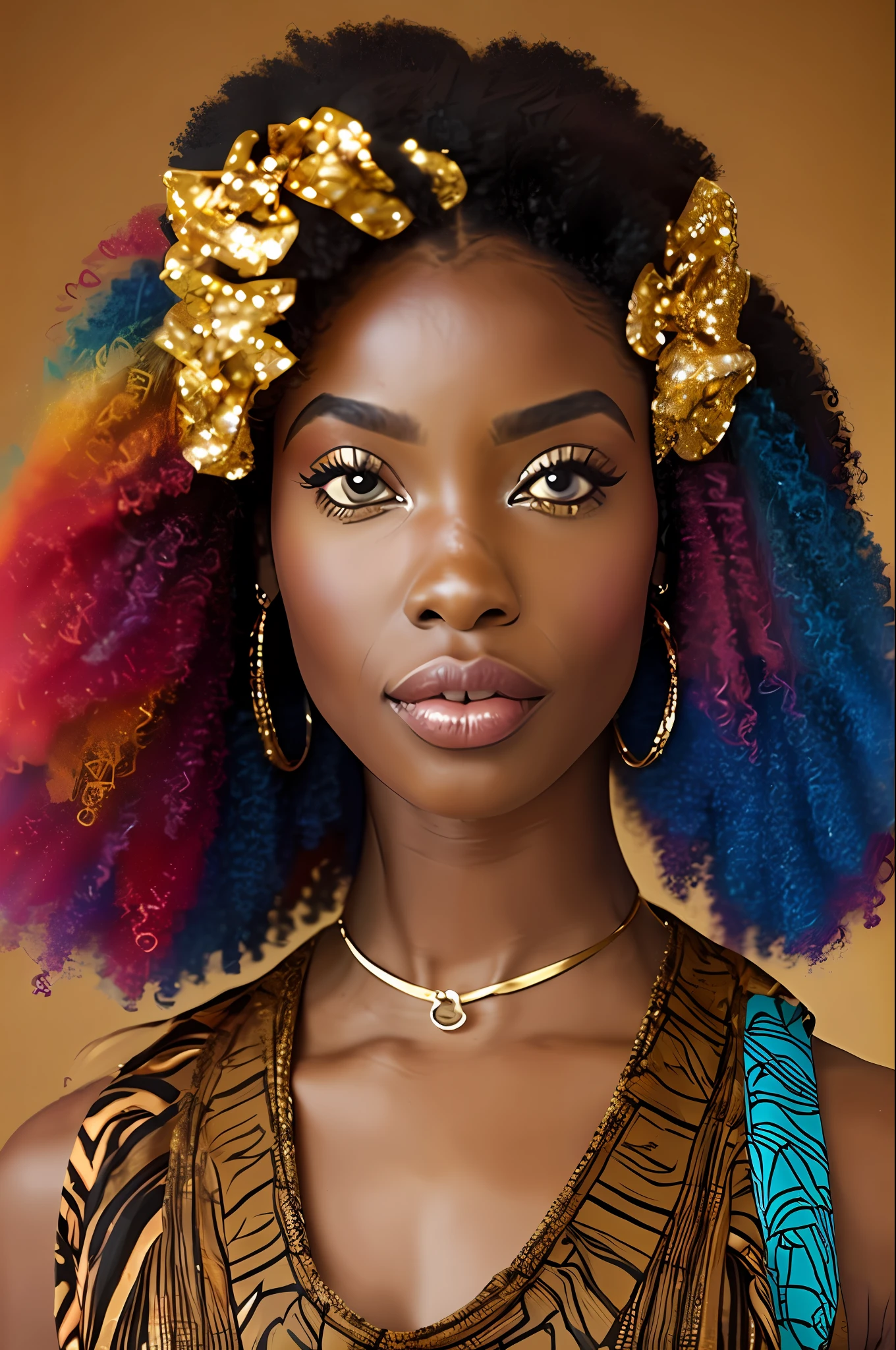  Afro-Afrikaner: 2.3, Afro-Kenianer: 2.4 (dunkelbraune Farbe: 3.0), Lockige haare, buntes langes Kleid, große hellbraune funkelnde Augen, Schleife im Haar --auto