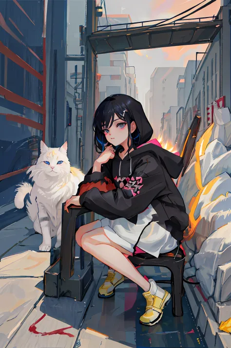 anime girl sitting on the floor，a cat in his hand, style of anime4 k, black haired girl wearing hoodie, by yuumei, guviz-style a...