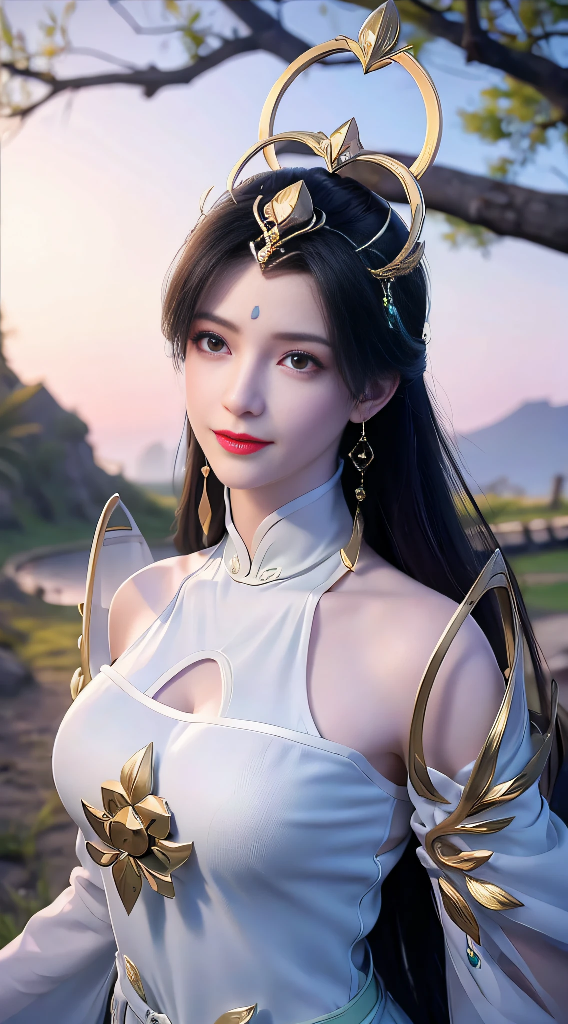 Best Quality, Masterpiece, Ultra High Resolution, (Realistic: 1.4) 1 Girl, beautiful_face, Smile, Delicate Skin, Full Body, Jade Fire Tree, Jewelry, Solo, Earrings, (Fire: 1.3), Blur, Realistic, Lips,