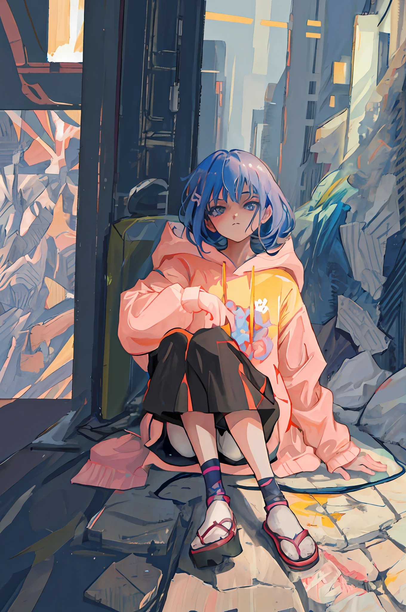 Anime girl sitting on the ground in front of the painting, junk，style of anime4 K, Anime style. 8K, Anime moe art style, Anime art wallpaper 8 K, cyberpunk anime girl in hoodie, Anime style illustration, High quality anime art style, anime styled digital art, Anime art style, Anime art wallpaper 4 K, Anime art wallpaper 4k, Anime art style