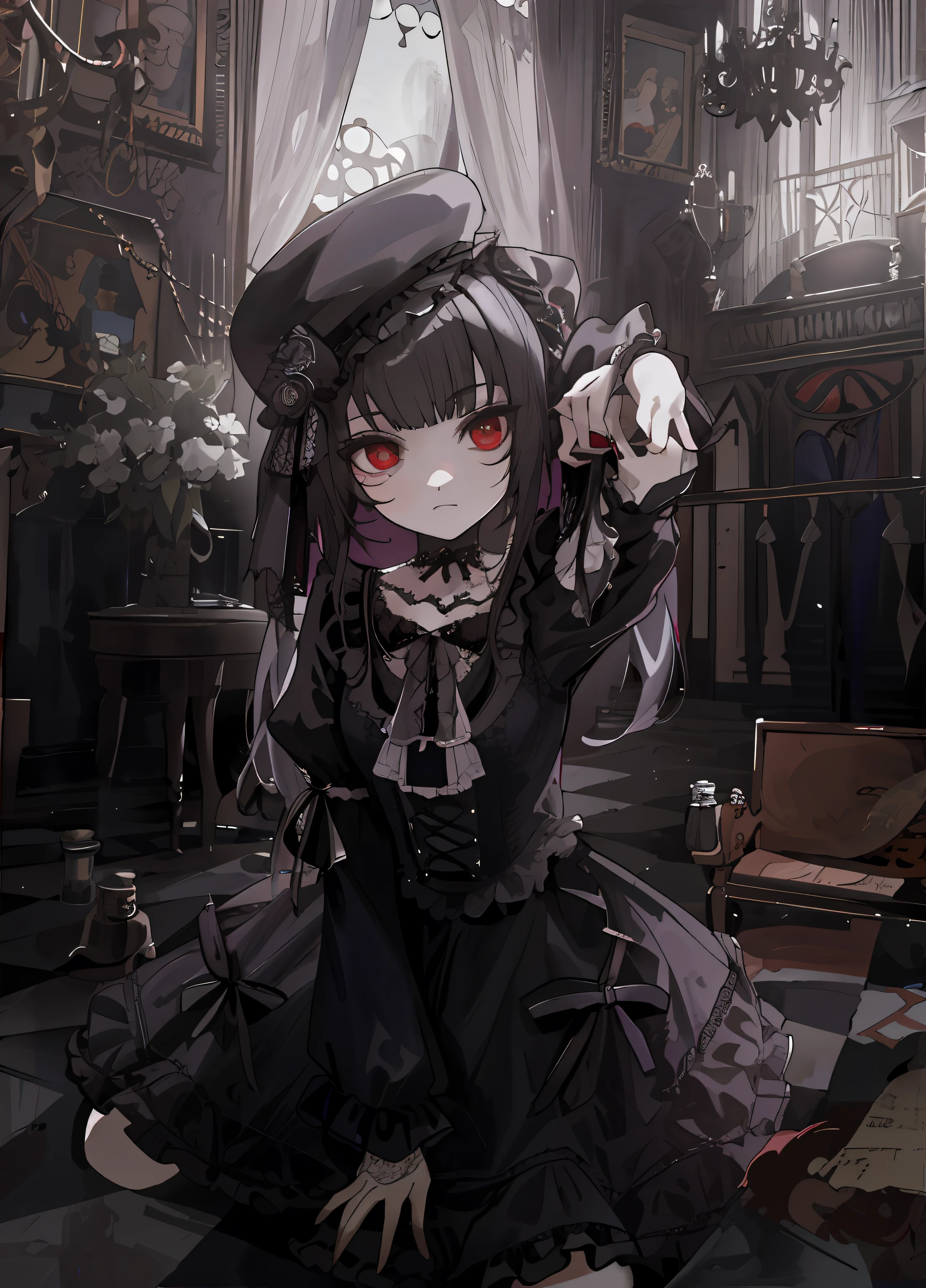 Anime girl in a black dress sitting on a checkered floor - SeaArt AI