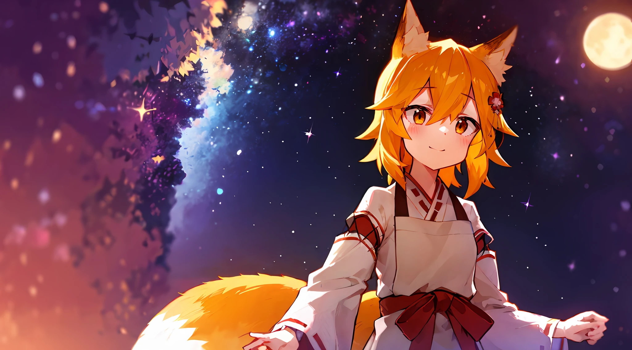 Ultra-detailed starry night scene, extremely focused image, (detailed light: 1.05), a fox girl with orange hair, small stature, solo, kimono, miko, fox ears and tail, floral hair ornament, gazing up with wonder in her crisp, luminous emerald eyes, enchanted smile on her flawless face, dazzlingly clear night sky filled with two sharp, detailed moons, brilliantly vivid constellations swirl overhead, notes of rich purple, blue and green fill the crisp sky, representing her sense of awe and hope, elegant beauty, masterful depth, textures and details