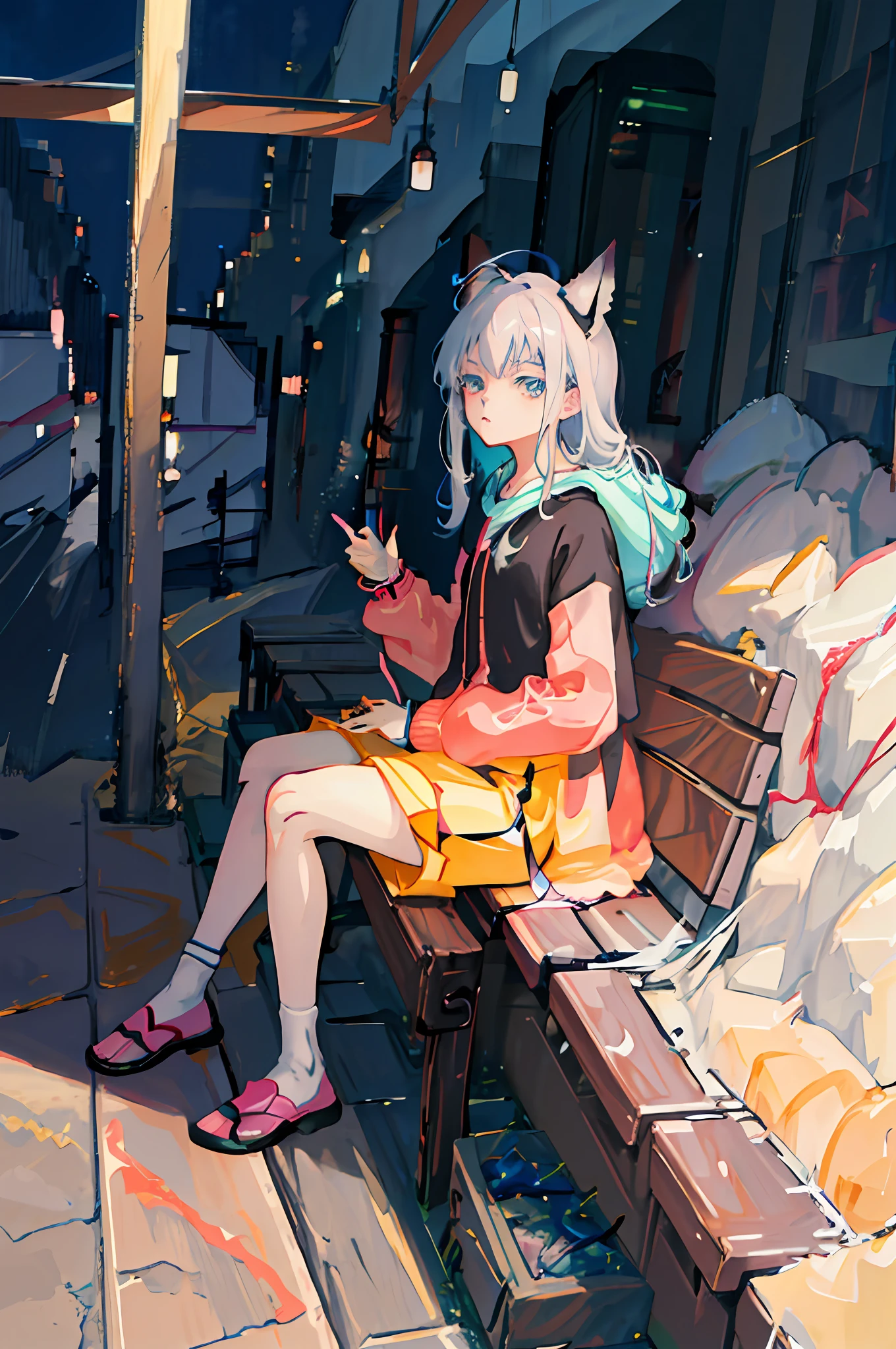 Anime girl sitting on bench，There is a cat in front of him, style of anime4 K, Anime style illustration, Anime style. 8K, Guviz-style artwork, Anime art wallpaper 8 K, Anime art wallpaper 4k, Anime art wallpaper 4 K, anime styled digital art, Digital anime illustration, anime style art