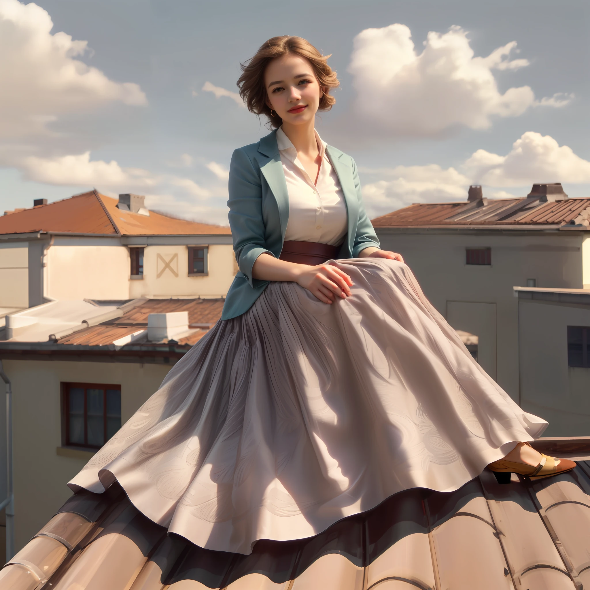 (schüchtern lächelnd) woman sitting on a roof outside Und playing mit her skirt Und spreading her skirt all over the roof, authentisch (kind Und tender) good woman wearing a short blazer mit a very very detailed (lang (voll plissiert) Tellerrock) Und (einfach) Büroschuhe mit niedrigem Absatz, very very kompliziert hyper-detailed symmetric (attractive graceful young feminin face) mit (traurig, tired eyes Und a shy smile), große Brüste, full of empathy Und compassion Und love, (ausgesprochen (feminin) Merkmale), (hochdetailliert ultrapräzise realistisch) hUnds Und fingers, (windy conditions Und wind blowing), epische Komposition, hochdetaillierte Attribute, hochdetaillierte Atmosphäre, (35mm f1.4 Kodak Portra 400 Fotos), RAW-Fotografie in extrem hoher Qualität, detaillierter Hintergrund, kompliziert, Exquisite details Und textures,