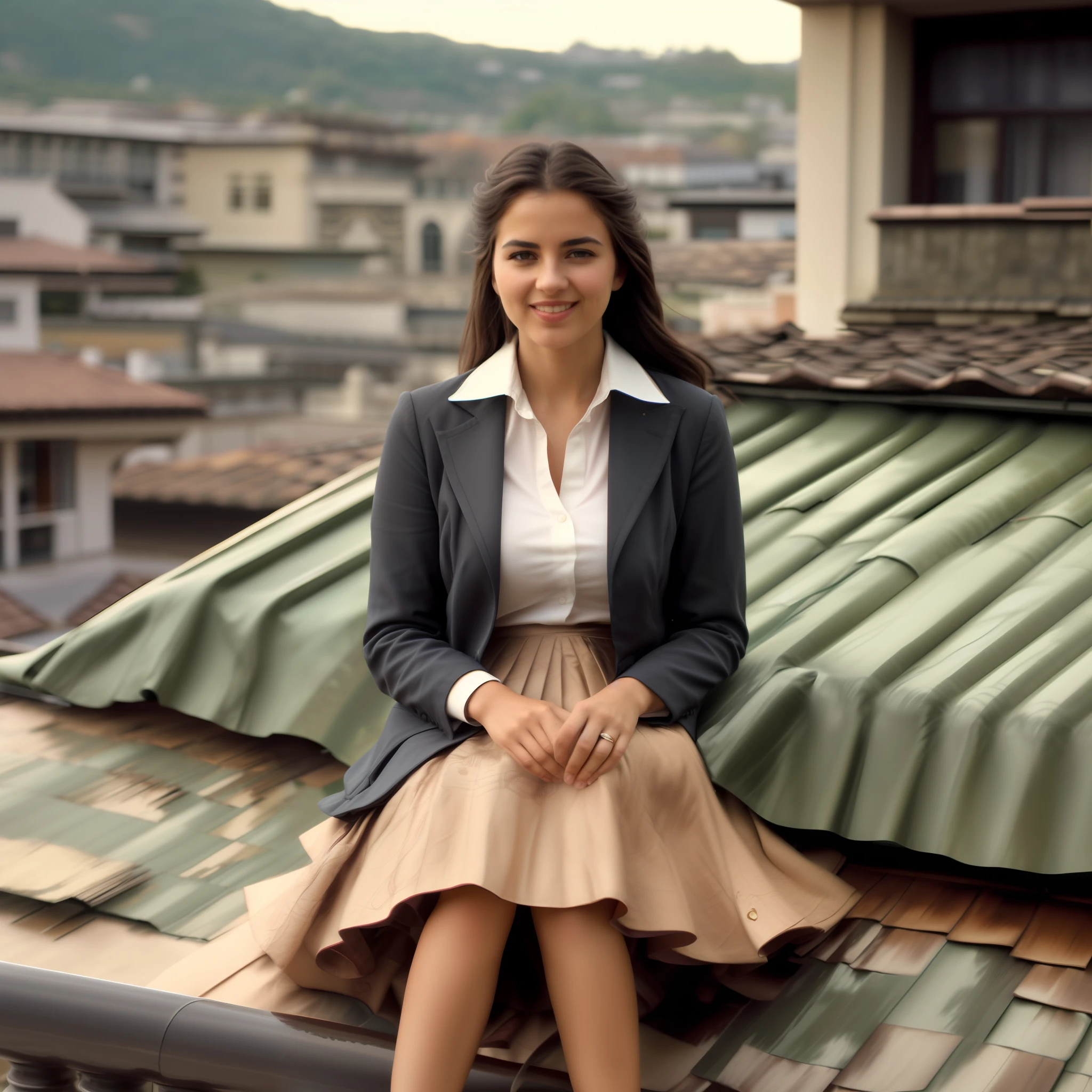 (ยิ้มเขินๆ) woman sitting on a roof outside และ playing กับ her skirt และ spreading her skirt all over the roof, แท้ (kind และ tender) good woman wearing a short blazer กับ a very very detailed (ยาว (จีบอย่างเต็มที่) กระโปรงเต็มวงกลม) และ (เรียบง่าย) รองเท้าสำนักงานส้นเตี้ย, very very ซับซ้อน hyper-detailed symmetric (attractive graceful young ของผู้หญิง face) กับ (เศร้า, tired eyes และ a shy smile), หน้าอกใหญ่, full of empathy และ compassion และ love, (เด่นชัด (ของผู้หญิง) คุณสมบัติ), (มีรายละเอียดสูง แม่นยำ สมจริง) hและs และ fingers, (windy conditions และ wind blowing), องค์ประกอบที่ยิ่งใหญ่, คุณสมบัติที่มีรายละเอียดสูง, บรรยากาศที่มีรายละเอียดสูง, (35 มม. f1.รูปถ่าย Kodak portra 400 จำนวน 4 รูป), ภาพถ่าย RAW คุณภาพสูงมาก, พื้นหลังโดยละเอียด, ซับซ้อน, Exquisite details และ textures,