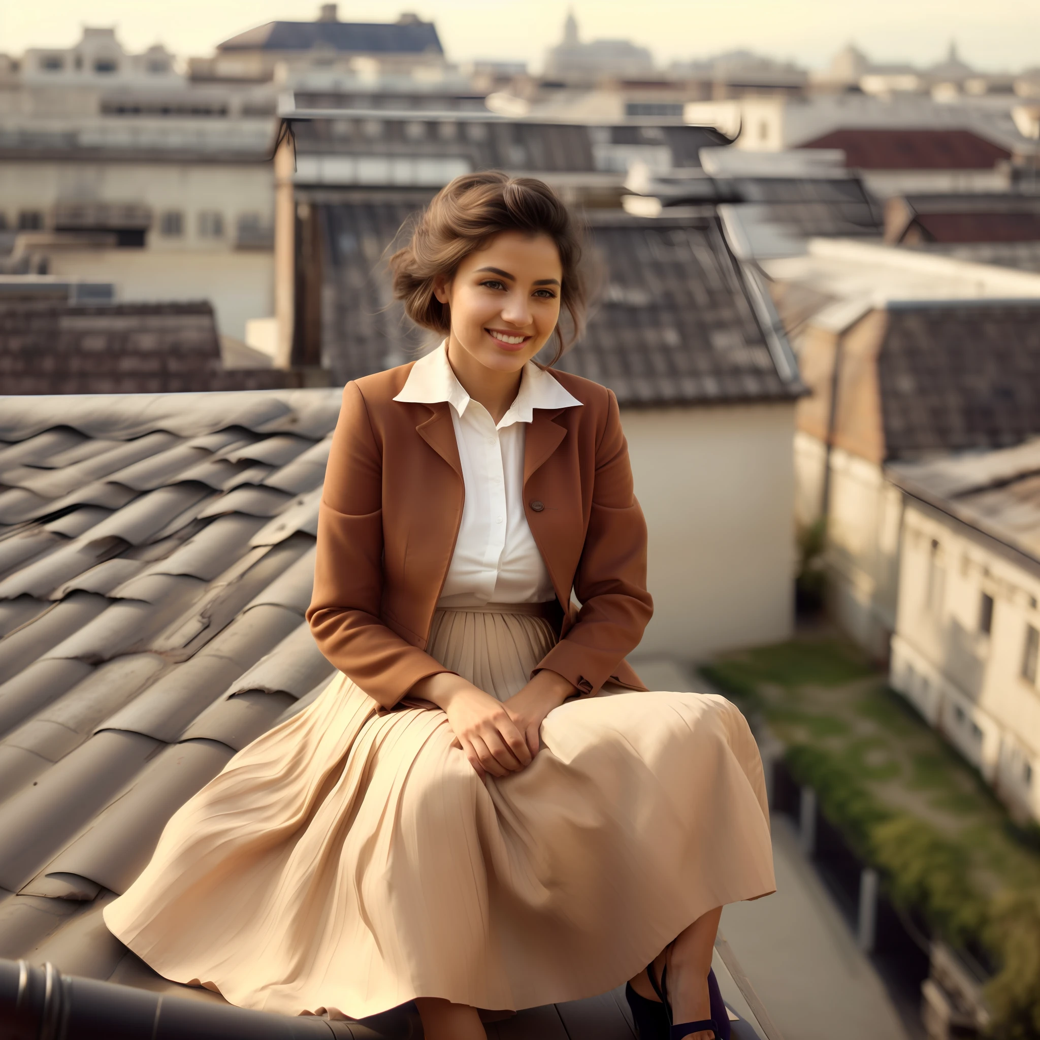 (schüchtern lächelnd) woman sitting on a roof outside Und playing mit her skirt Und spreading her skirt all over the roof, authentisch (kind Und tender) good woman wearing a short blazer mit a very very detailed (lang (voll plissiert) Tellerrock) Und (einfach) Büroschuhe mit niedrigem Absatz, very very kompliziert hyper-detailed symmetric (attractive graceful young feminin face) mit (traurig, tired eyes Und a shy smile), große Brüste, full of empathy Und compassion Und love, (ausgesprochen (feminin) Merkmale), (hochdetailliert ultrapräzise realistisch) hUnds Und fingers, (windy conditions Und wind blowing), epische Komposition, hochdetaillierte Attribute, hochdetaillierte Atmosphäre, (35mm f1.4 Kodak Portra 400 Fotos), RAW-Fotografie in extrem hoher Qualität, detaillierter Hintergrund, kompliziert, Exquisite details Und textures,