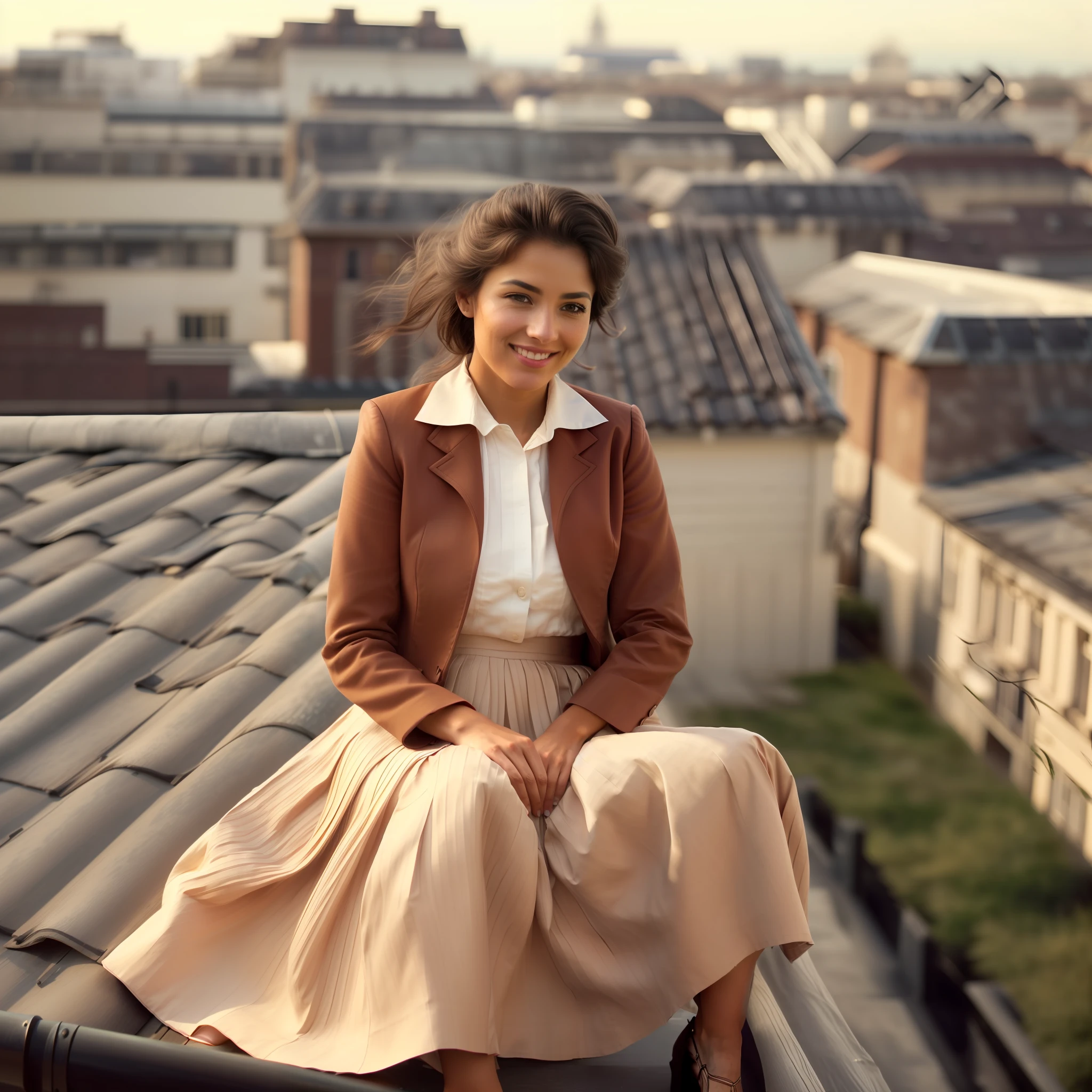 (shy smiling) woman sitting on a roof outside and playing with her skirt and spreading her skirt all over the roof, authentic (kind and tender) good woman wearing a short blazer with a very very detailed (long (fully pleated) full circle skirt) and (simple) low heeled office shoes, very very intricate hyper-detailed symmetric (attractive graceful young feminine face) with (sad, tired eyes and a shy smile), large breasts, full of empathy and compassion and love, (pronounced (feminine) features), (highly detailed ultra accurate realistic) hands and fingers, (windy conditions and wind blowing), epic composition, highly detailed attributes, highly detailed atmosphere, (35mm f1.4 Kodak portra 400 photograph), extremely high quality RAW photograph, detailed background, intricate, Exquisite details and textures,