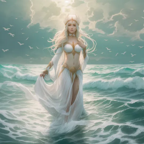A white blonde goddess is coming from Ocean, she is standing above waters