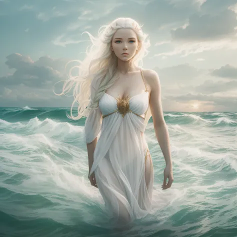 A white blonde goddess is coming from Ocean, she is standing above waters