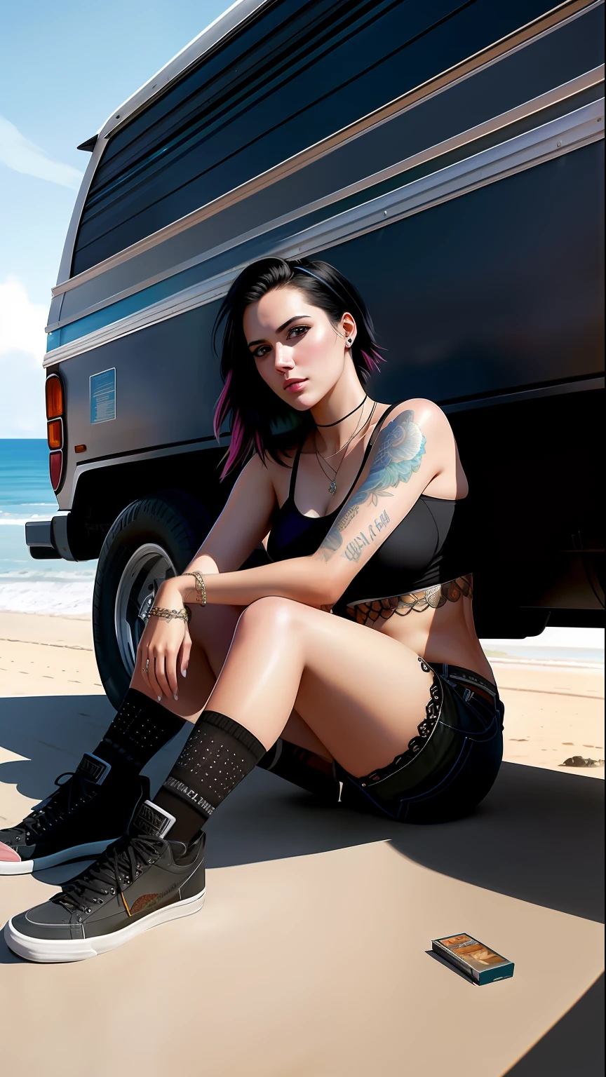 Foto de la obra de arte más bella del mundo con una mujer punk moderna, apoyado contra una camioneta en una playa de California, tendencia en artstation, sociedadcg, Intrincado, Alto detalle, enfoque nítido, dramático, pintura fotorrealista de greg rutkowski