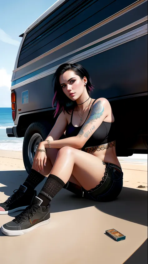 photo of the most beautiful artwork in the world featuring  a modern punk woman, leaning against a van on a California beach, tr...