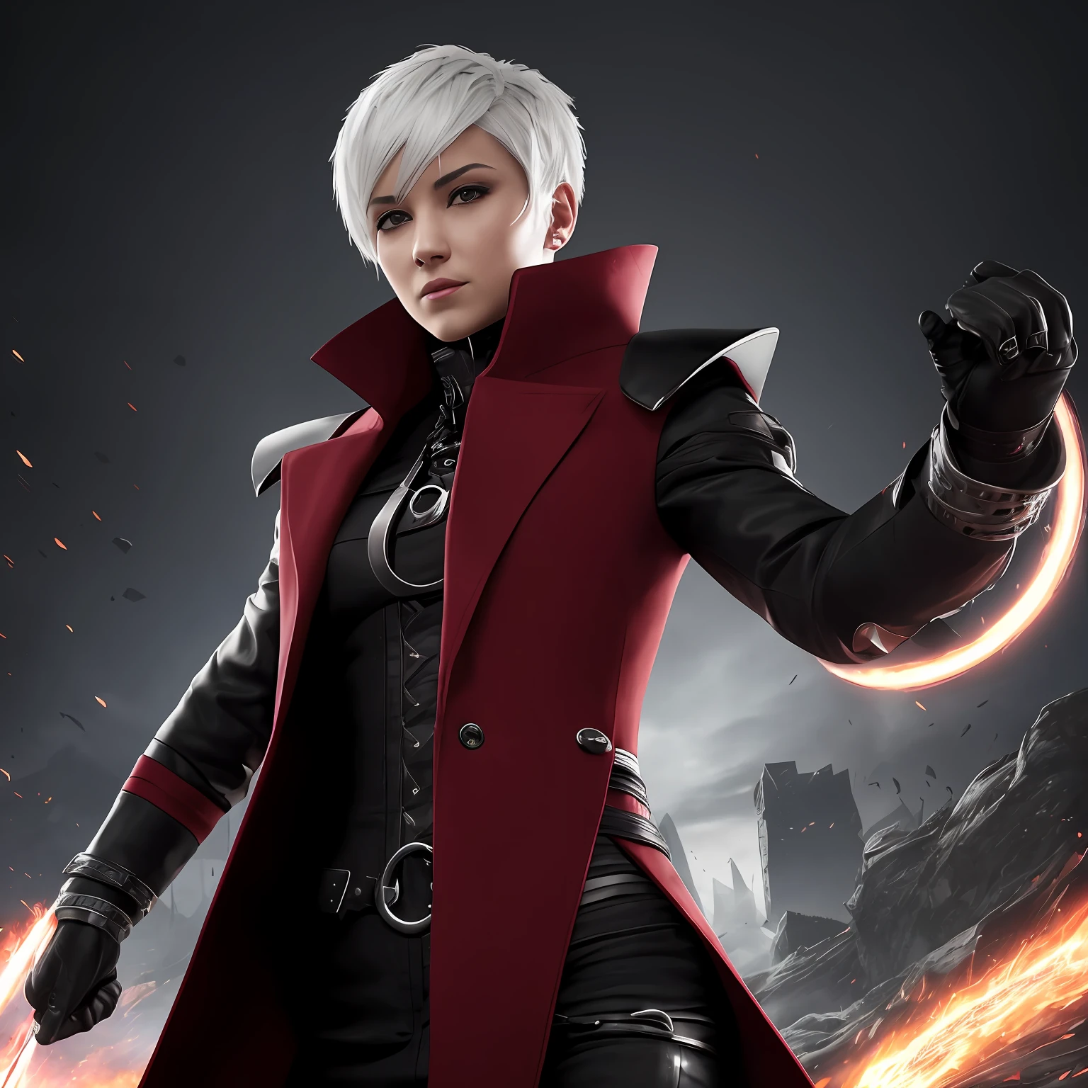 Image of a woman with short white hair with bangs thrown to the side in a crimson overcoat with black clothes and metal bracelets with a confident expression preparing for a battle, Estilo futurista, visto da cintura para cima, Foto realista, 4k, extreme res, ultra high-resolution, dynamic  lighting, personagem realista