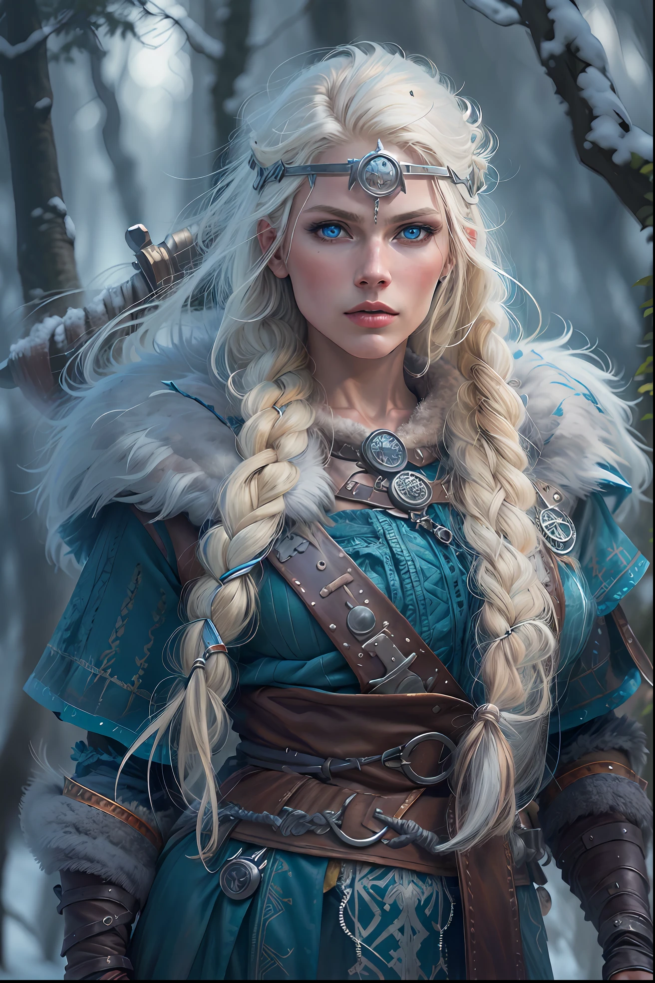 파란 눈과 백금 금발 머리를 가진 바이킹 전사 여성. 배경은 겨울의 북유럽 숲. 사실적인 디테일을 갖춘 초고화질 이미지. HDR
