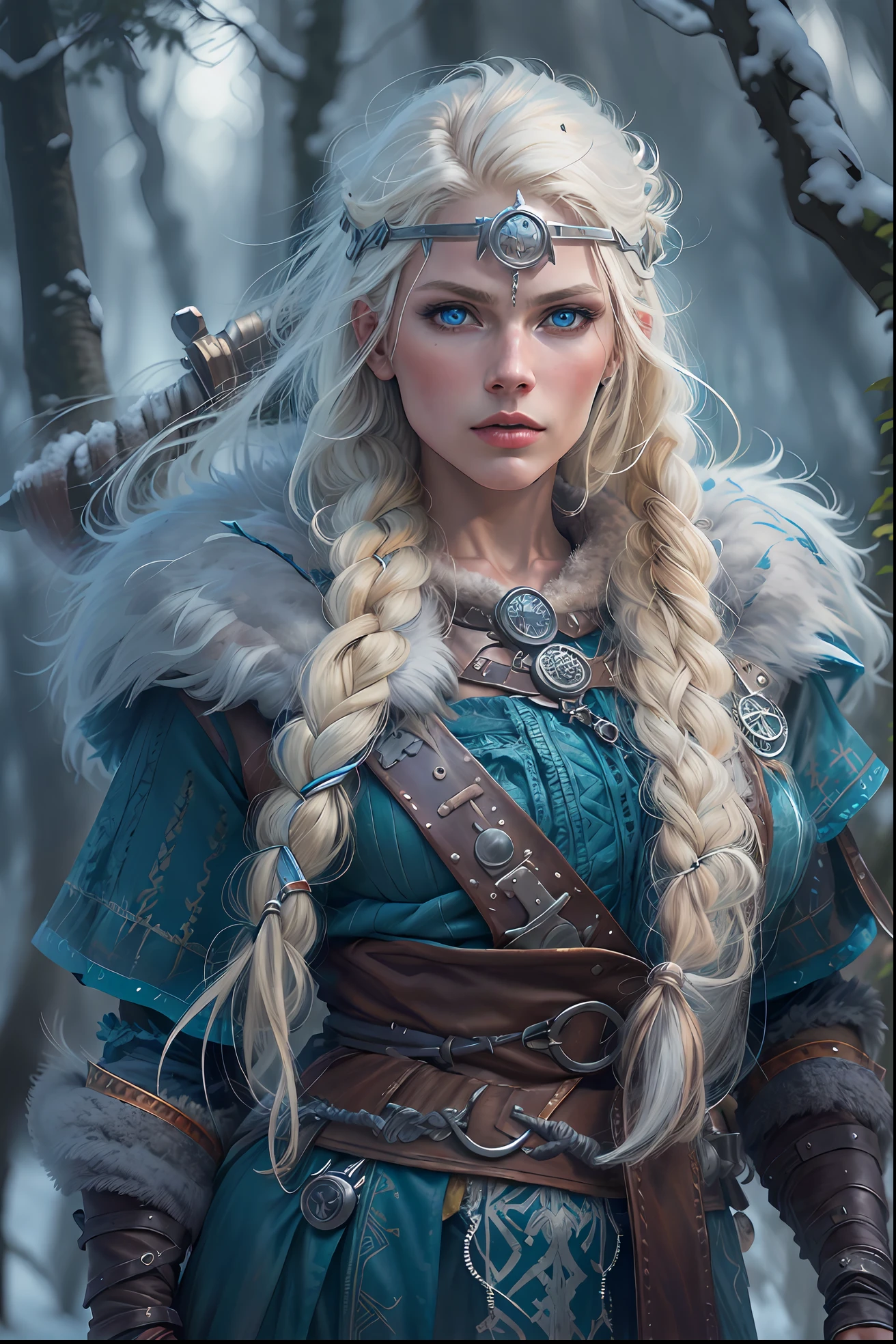 Viking warrior woman with blue eyes and platinum blonde hair. Setting is a Scandinavian forest in winter. Ultra quality image with realistic details. HDR