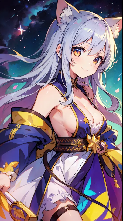 (​masterpiece)、(Top quality anime illustrations)、(ultra-detailliert)、(独奏)、Beautiful girl with silver hair、Little Girl、Star Priest、Cat eared loli、sleeve less、Cleavage breasts、sideboob barbosa、A smile、Thigh Focus、starrysky