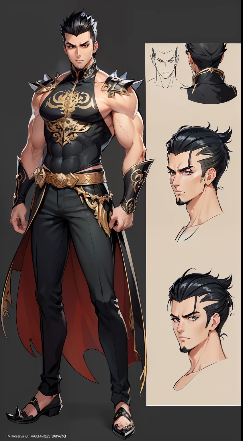 ((highest quality, masterpiece, 4k, finely detailed, detailed eyes, detailed face, intricate details, pixiv, gelbooru)), (((reference sheet, full body pose))), male, spikey hairstyle, black hair, revealing clothing, sharp eyes, intense pose, handsome sharp features, masculine, muscular, hairy, manly