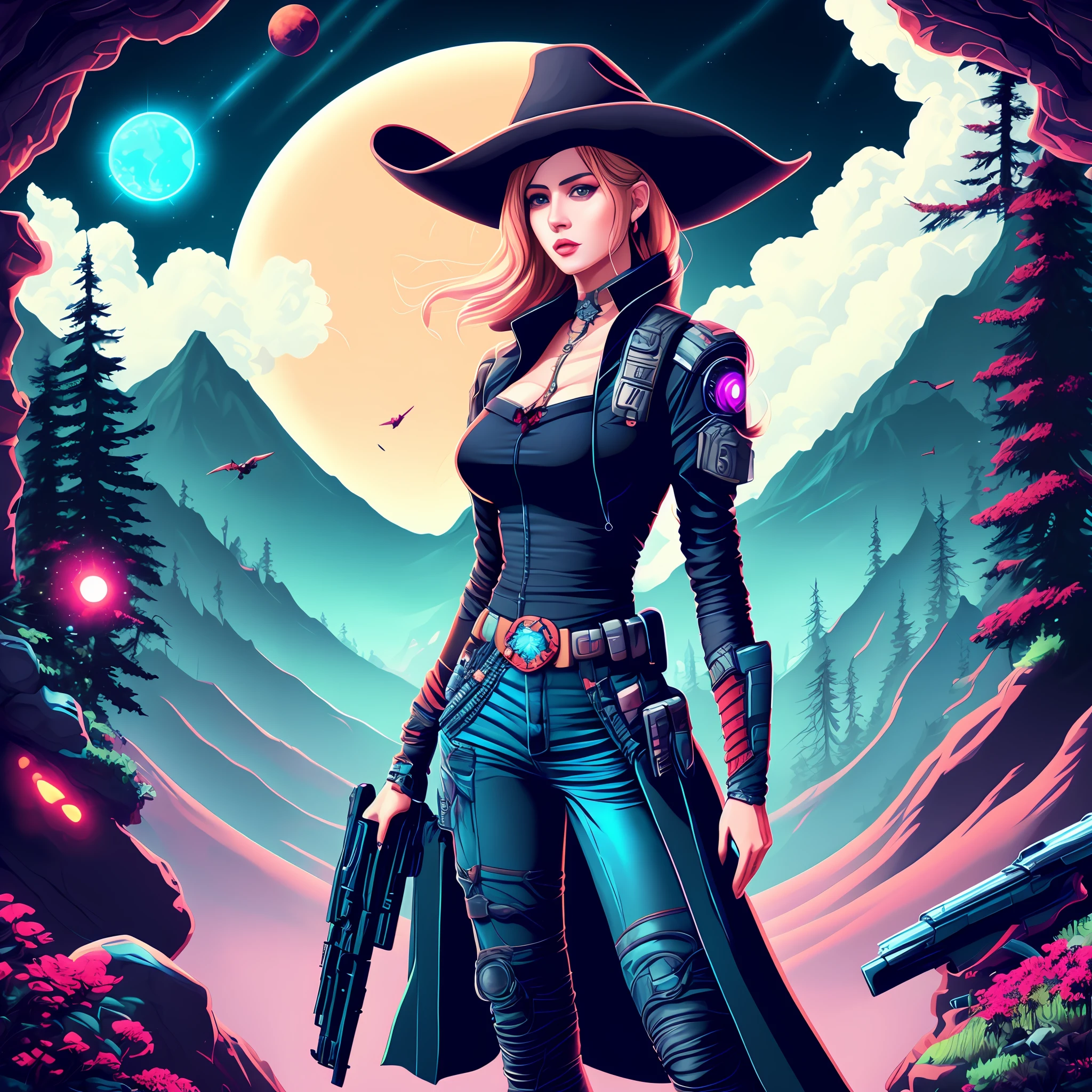 an attractive woman [gunslinger:bounty hunter:0.4] standing in a scifi wilderness (kawaiipro style:1)