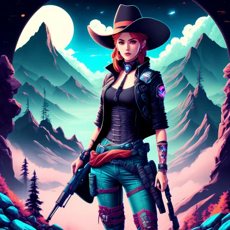 an attractive woman [gunslinger:bounty hunter:0.4] standing in a scifi wilderness (kawaiipro style:1)