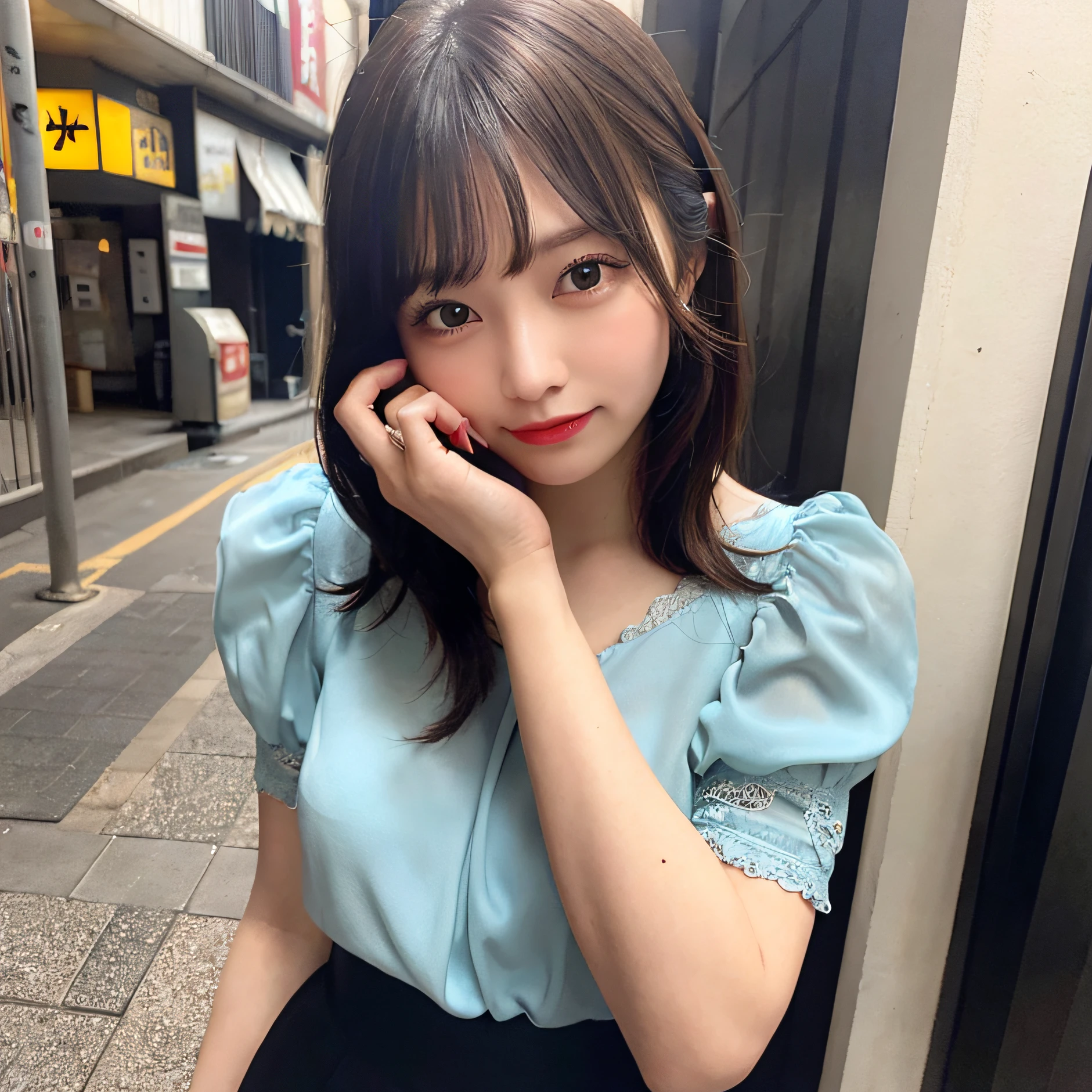 25 years old female light cyan short-sleeved blouse，Skirt that wraps hipid - length hair，Refined face，Redlip，Hot figure，close your eyes and kiss，facing at camera，Bust photo，highdetailskin：1.2），8K  UHD，Slr，softlighting，high qulity，filmgrain，Taken in the 20s of the 20th century