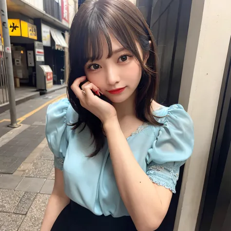 25 years old female light cyan short-sleeved blouse，Skirt that wraps hips，mid - length hair，Refined face，Redlip，Hot figure，close...