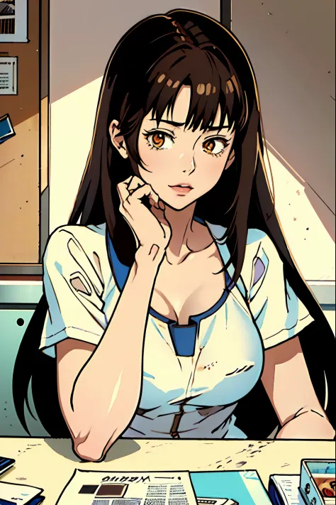 Anime girl with long brown hair and white shirt poses for photo, Portrait Anime Girl, charming anime girls, Smooth Anime CG Art,...