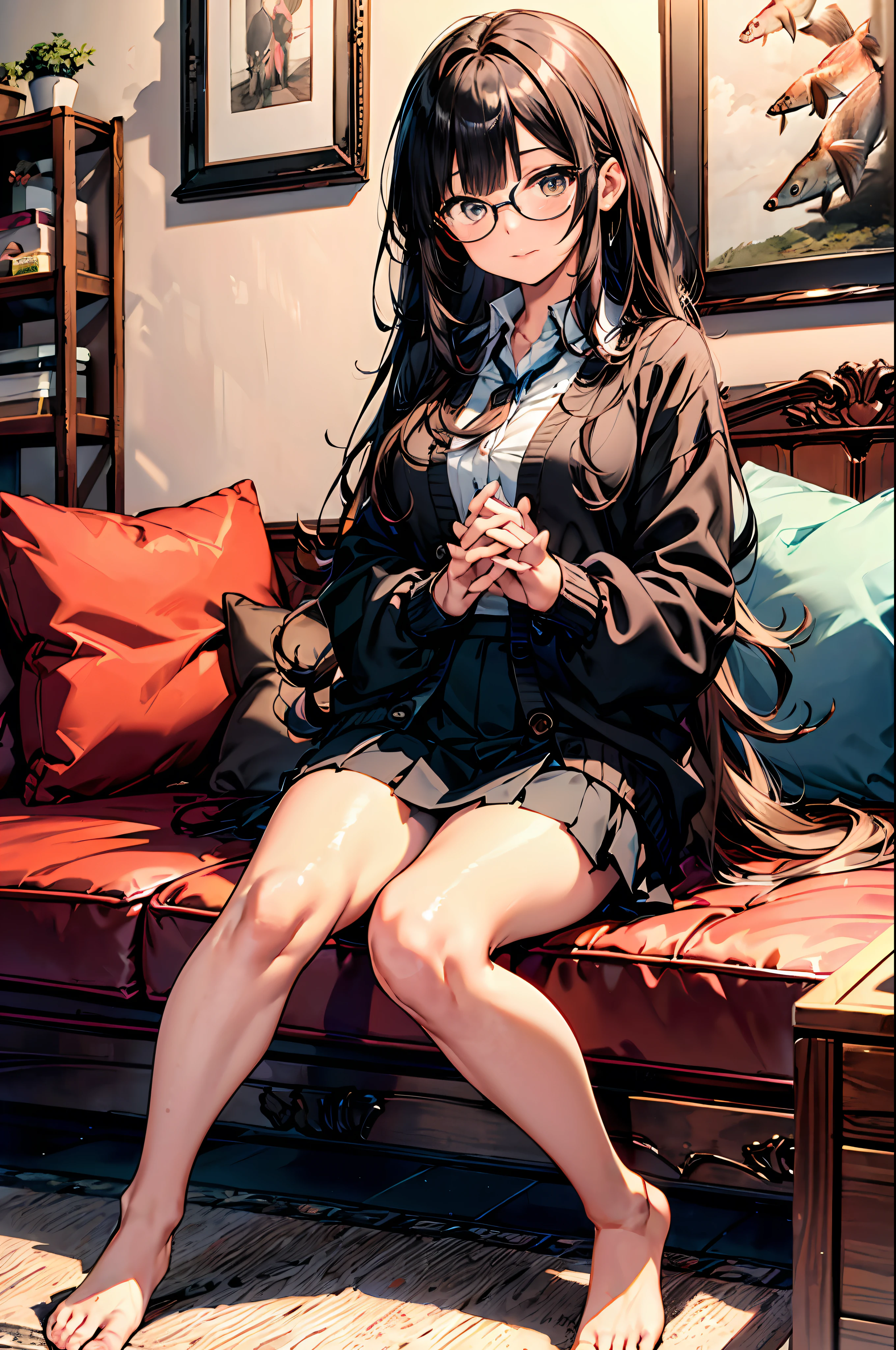 Master Pieces,4K, Best Quality, Official art, Detailed detail, Colorful, pastel-neon-color, watercolor paiting、 (1 rapariga, 独奏, High School Girl, a miniskirt, Oversized cardigan, full body Esbian, Black Long Hair, Black Frame Glasses, doll face, Beautiful feet, Smooth skin, Glossy hair, Stupid look, Dead fish eye, Bullish eyes, Dark eyes, Sitting on the floor, Fluffy cushions, Cute, Cute colors, Lots of colorful cushions,(nice hand, perfect hand, Good Hand: 1.5)、Long sleeves、Hands hide、Beautiful hands、perfect hand、Full legs、Beautiful feet、hide one's hands、Long sleeves、Moe Sleeve