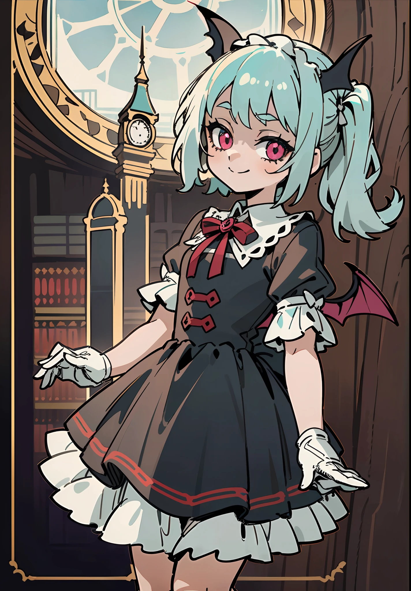 ((Ângulo Dinâmico)), ((mudar)), (criança), ((só)), (sorriso astuto), (cabelo turquesa), (rabos de cavalo), (Olhos rosa), (Asas de morcego na cabeça), (Vestido Gótico), (Lolita Dress), (Vestido antigo), (vestido preto), (babado), (babado bege;;), (arcos), (listras verticais), ((Mostrador do relógio em segundo plano)), (biblioteca), ((contornos grossos)), ((contornos brancos))