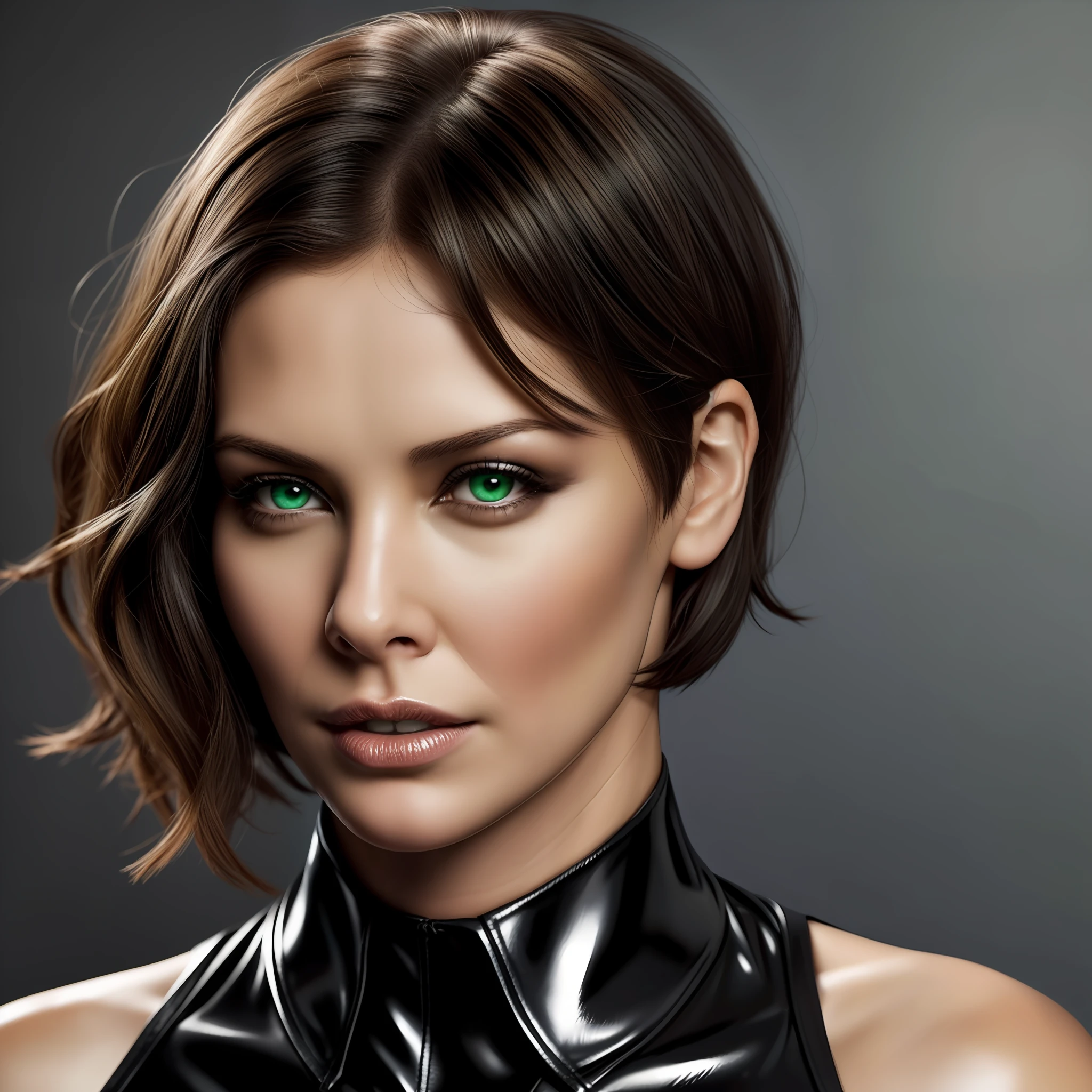 One white woman, thirty years old adult, she has like a man very short haircut, very short masculine haircut, she is an american woman, strong looking green eyes, red thick lips, very short bob haircut with some black hair fringe, wearing black leather, wearing a black suit, higly detailed face, higly detailed, gorgeous, 8k, photo realistic, grey background, Catwoman from DC