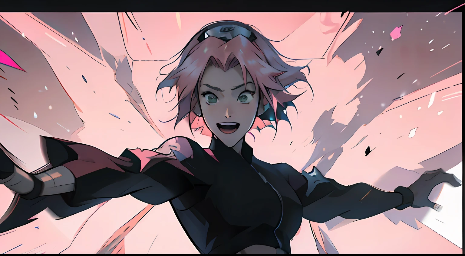 Anime girl with pink hair and black outfit laughing in front of a crowd, expressando alegria. Directed by: Krenz Cushart, rossdraw desenho animado vibrante, Estilo Ross Tran, Jen Bartel, Anime Art Wallpaper 4K, Anime Art Wallpaper 4K, Anime Art Wallpaper 8K, Digital anime illustration, estilo anime 4K, arte de anime digital, Ross Tran 8 K --auto