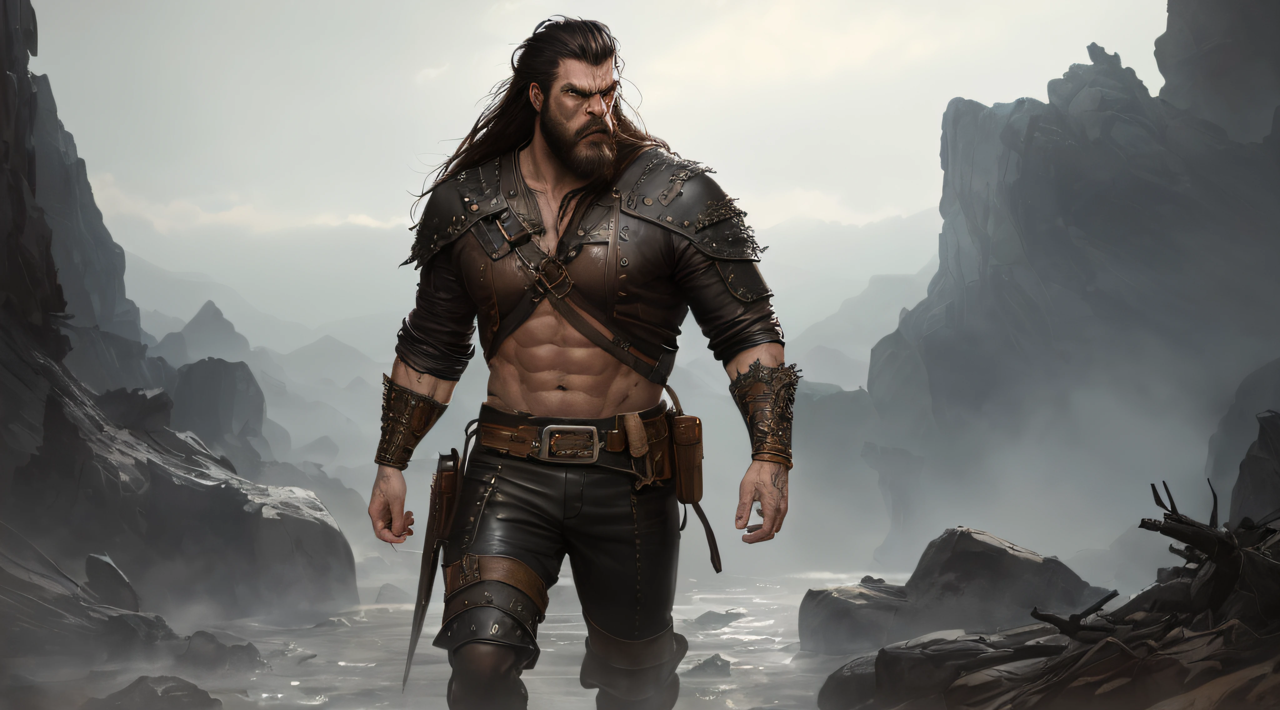 soft lustrous male hero, ((epic heroic fantasy muscular rugged wet hero angry looking with long hair and beard and fierce looking)), full body 32k unity render, action shot, skin pores, very dark lighting, heavy shadows, detailed, detailed face, (vibrant, photo realistic, realistic, dramatic, dark, sharp focus, 32k), (weathered damaged old worn leather outfit:1.4), (intricate:1.4), decadent, (highly detailed:1.4), digital painting, octane render, artstation, concept art, smooth, sharp focus, illustration, art by artgerm, (loish:0.23), wlop ilya kuvshinov, and greg rutkowski and alphonse mucha gracias, (global illumination, studio light, volumetric light)