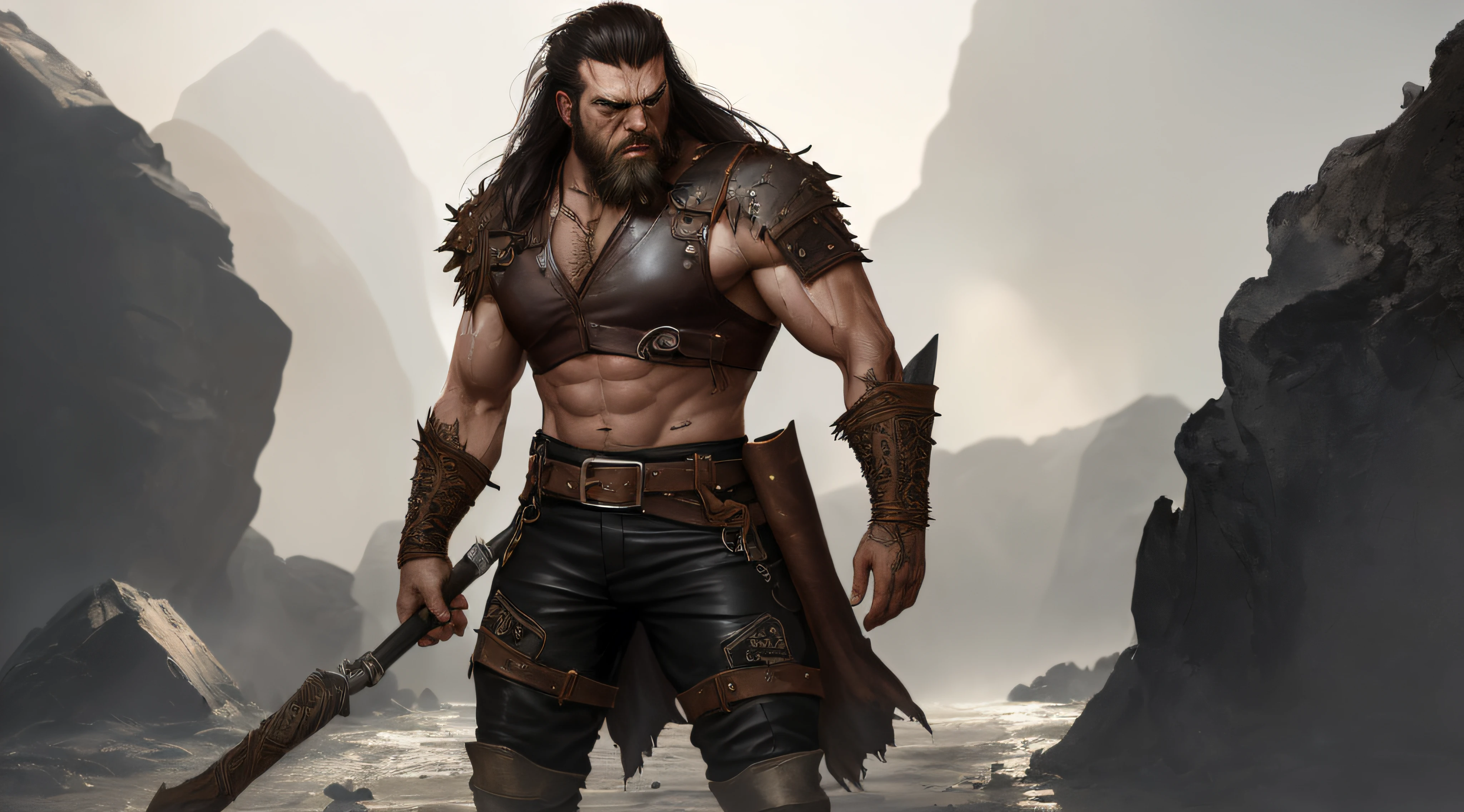 soft lustrous male hero, ((epic heroic fantasy muscular rugged wet hero angry looking with long hair and beard and fierce looking)), full body 32k unity render, action shot, skin pores, very dark lighting, heavy shadows, detailed, detailed face, (vibrant, photo realistic, realistic, dramatic, dark, sharp focus, 32k), (weathered damaged old worn leather outfit:1.4), (intricate:1.4), decadent, (highly detailed:1.4), digital painting, octane render, artstation, concept art, smooth, sharp focus, illustration, art by artgerm, (loish:0.23), wlop ilya kuvshinov, and greg rutkowski and alphonse mucha gracias, (global illumination, studio light, volumetric light)