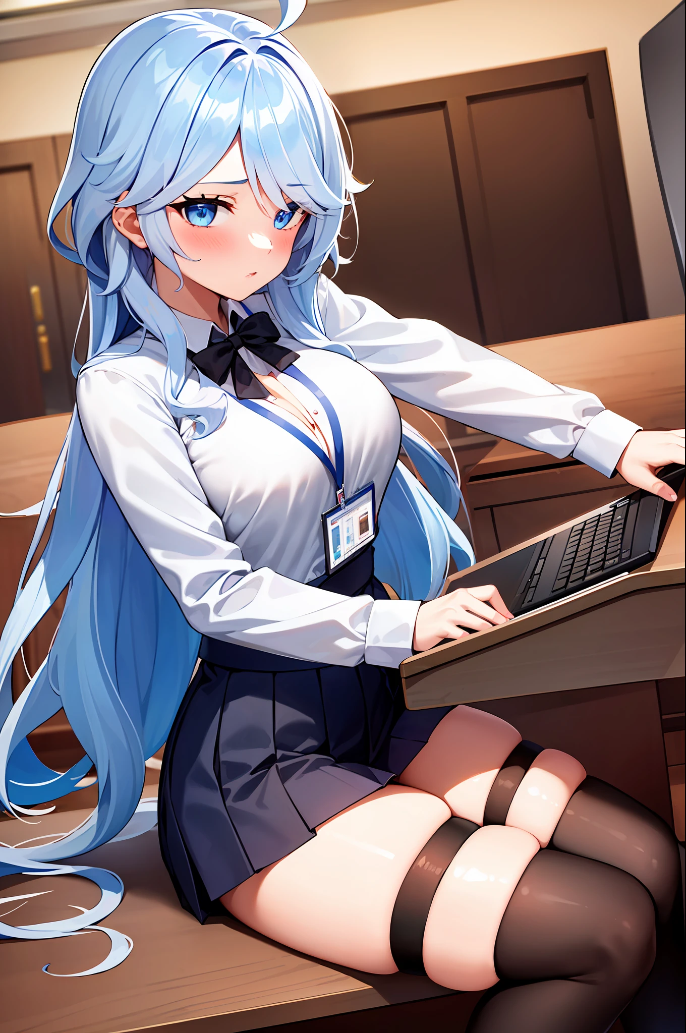 1girl, solo, ((white shirt)), black thighhighs, breasts, cleavage, uniform, office background, black skirt, pleated skirt, office,large breasts, looking at viewer, BLUE SEA HAIR, solo, thighhighs, thighs, very long hair, ((masterpiece)), sitting, chair, desk, computer on desk, name tag, id tag, indoor, blush, sexy pose,