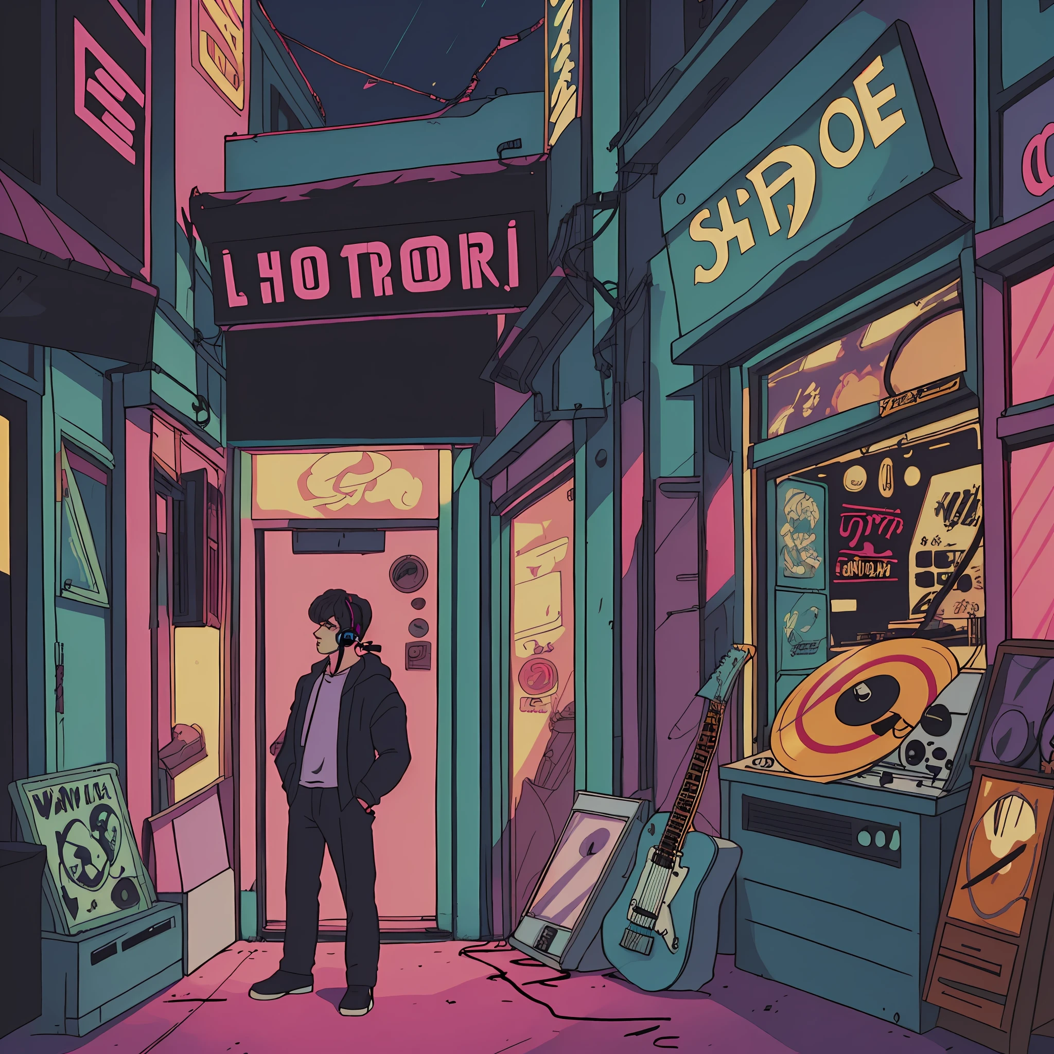 Shot of a man listening to music with headphone in vinyl record shop, text Why You, WHY YOU logo, super detail, retro wave, cyberpunk, sad vibe, night light through the window, night vibes, 2D, (longshot), wideshot, (film noise), old cartoon, (lots of records:1.3), (masterpiece, highest quality, highest quality, official art, beautiful and aesthetic: 1.2), (very detailed, (fractal art: 1.4), guitar, (notes: 1.4), ( lo-fi hip-hop), indoor view by the window, old anime texture, solo, loudspeaker, cyberpunk, vinyl, night