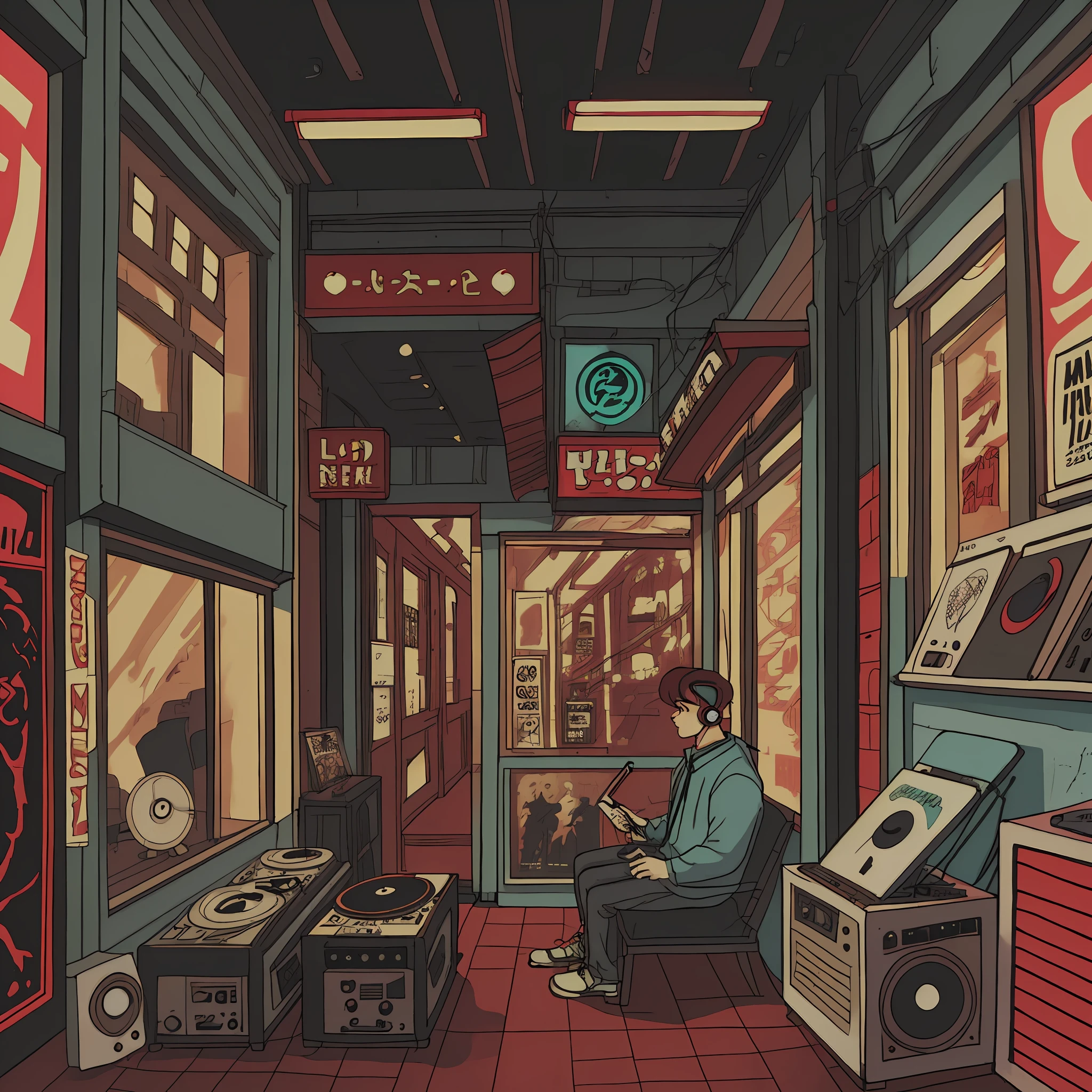 Shot of a man listening to music with headphone in vinyl record shop, text large (Why You), super detail, retro wave, cyberpunk, sad vibe, night light through the window, night vibes, a room, 2D, (longshot), wideshot, (film noise), old cartoon, (lots of records:1.3), (masterpiece, highest quality, highest quality, official art, beautiful and aesthetic: 1.2), (very detailed, (fractal art: 1.4), guitar, (notes: 1.4), ( lo-fi hip-hop), indoor view by the window, old anime texture, solo, loudspeaker, cyberpunk, vinyl, night