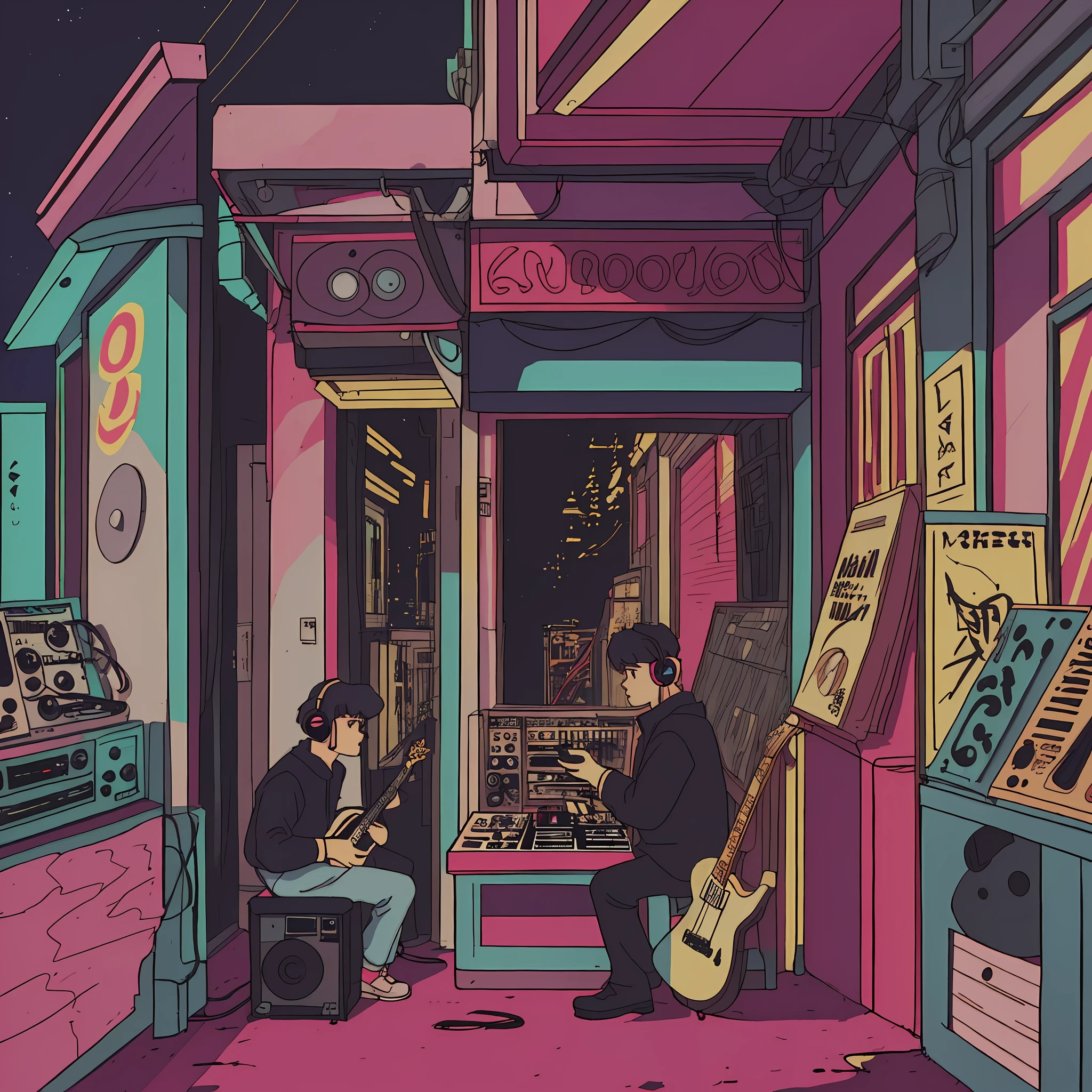 Shot of a man listening to music with headphone, text Why You, super detail, retro wave, cyberpunk, sad vibe, night light through the window, night vibes, a room, 2D, (longshot), wideshot, (film noise), old cartoon, (lots of records:1.3), vinyl record shop, (masterpiece, highest quality, highest quality, official art, beautiful and aesthetic: 1.2), (very detailed, (fractal art: 1.4), guitar, (notes: 1.4), ( lo-fi hip-hop), side view, old anime texture, solo, loudspeaker, cyberpunk, vinyl, night