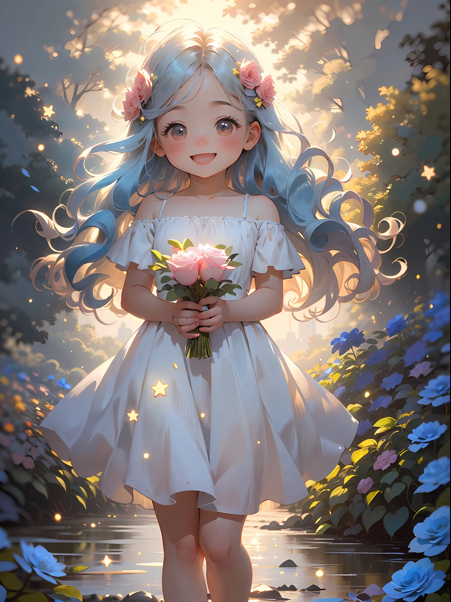 1個女孩, 赤壁, 可愛的, 長髮, 淺藍色頭髮, 發光的藍眼睛, 粉红玫瑰花园, 碎花連身裙, 陽光,微笑, 快樂的,  藍玫瑰