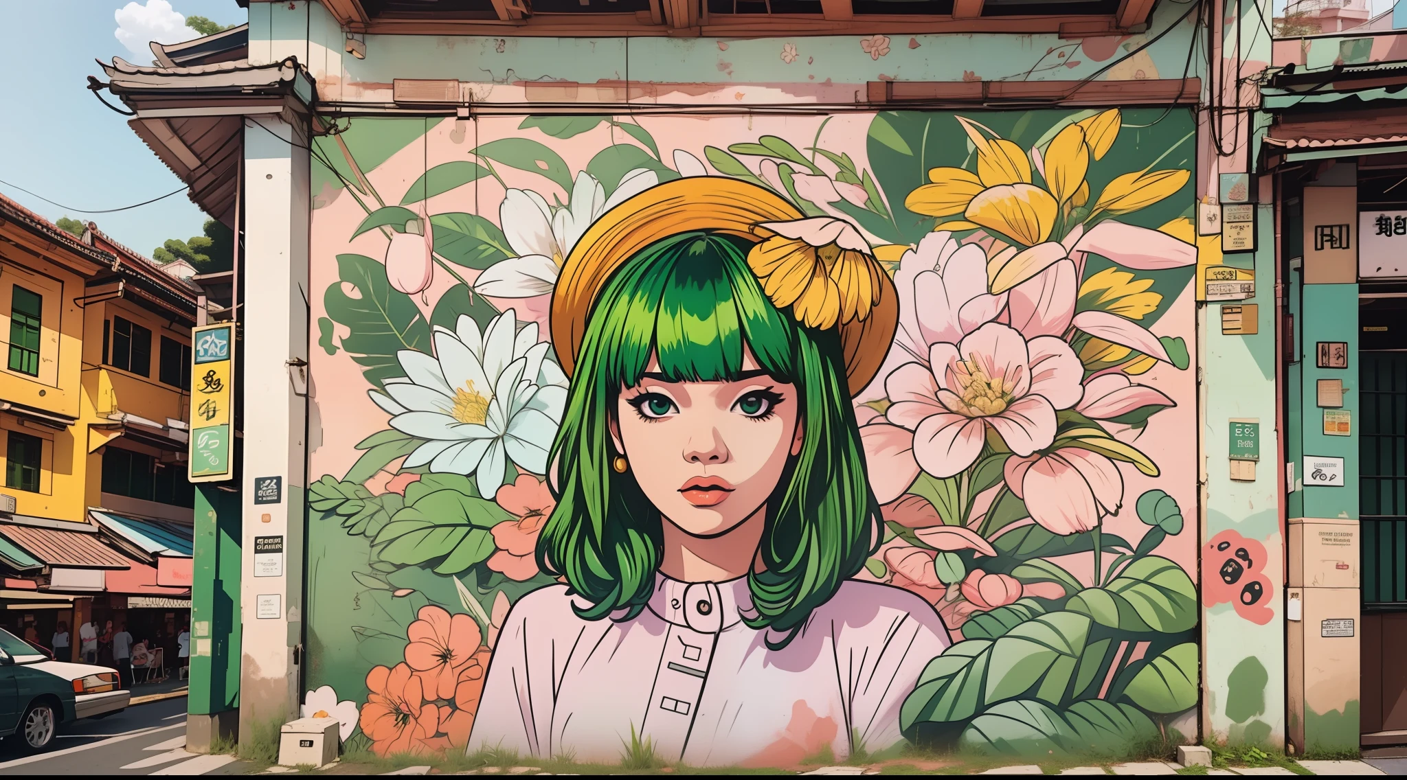 ein hyperrealistisches Wandbild eines 1girl ((Banchan)) am bezaubernden Altstadtplatz von Petaling Jaya, verströmt eine nostalgische Aura und ist mit einer bezaubernden analogen Filmästhetik eingefangen, Street-Art-Graffiti.