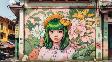 a hyperrealistic mural of a 1girl ((banchan)) at Petaling Jaya's charming old town square, exuding a nostalgic aura and captured...