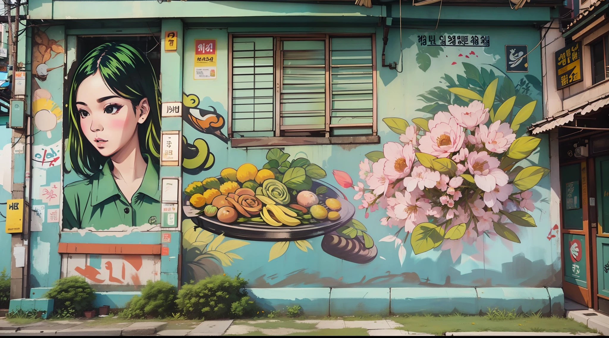 a hyperrealistic mural of a 1girl ((banchan)) at Petaling Jaya's charming old town square, exuding a nostalgic aura and captured with an enchanting analog film aesthetic, street art graffiti.